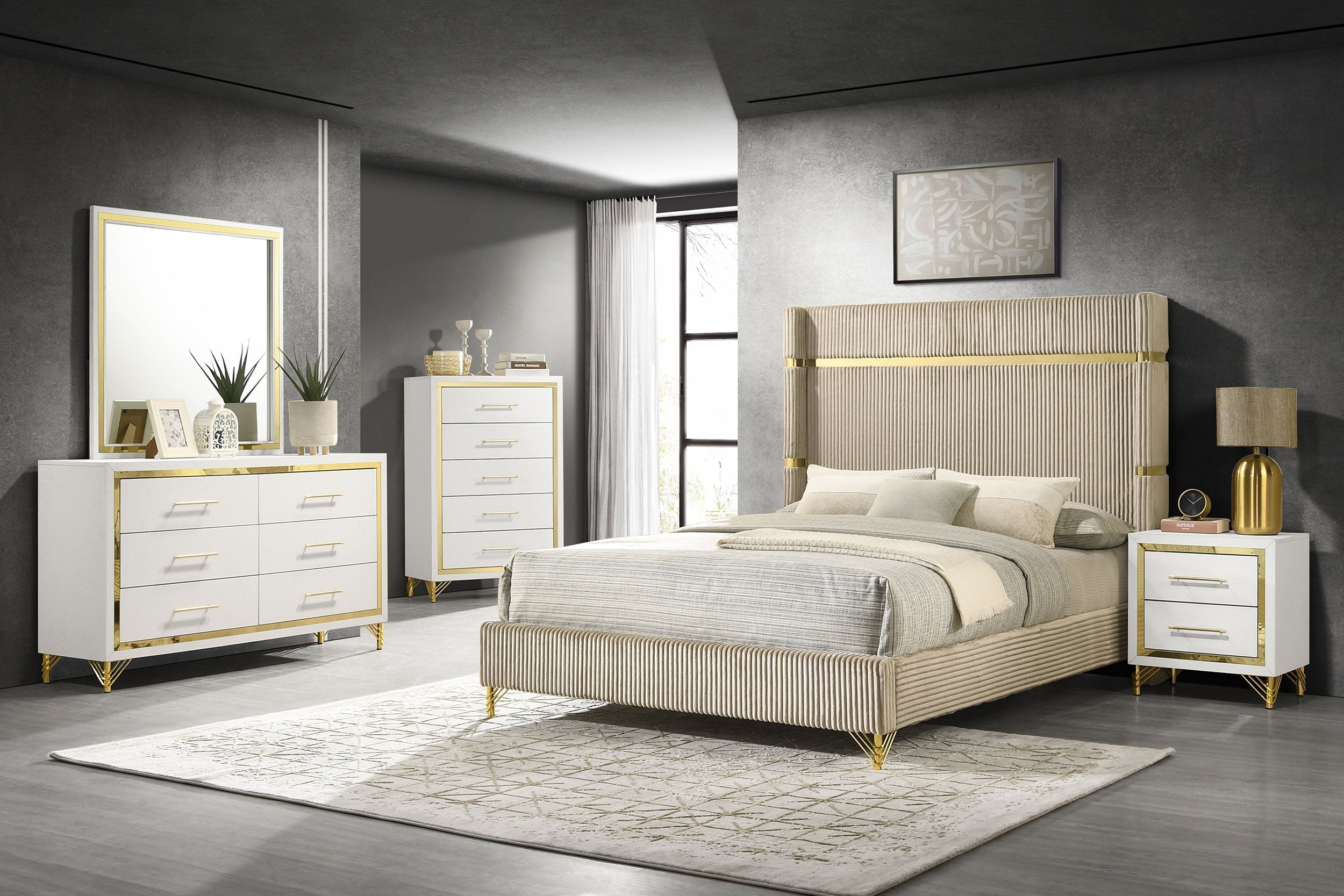 Lucia Bedroom Set with Upholstered Wingback Panel Bed Beige