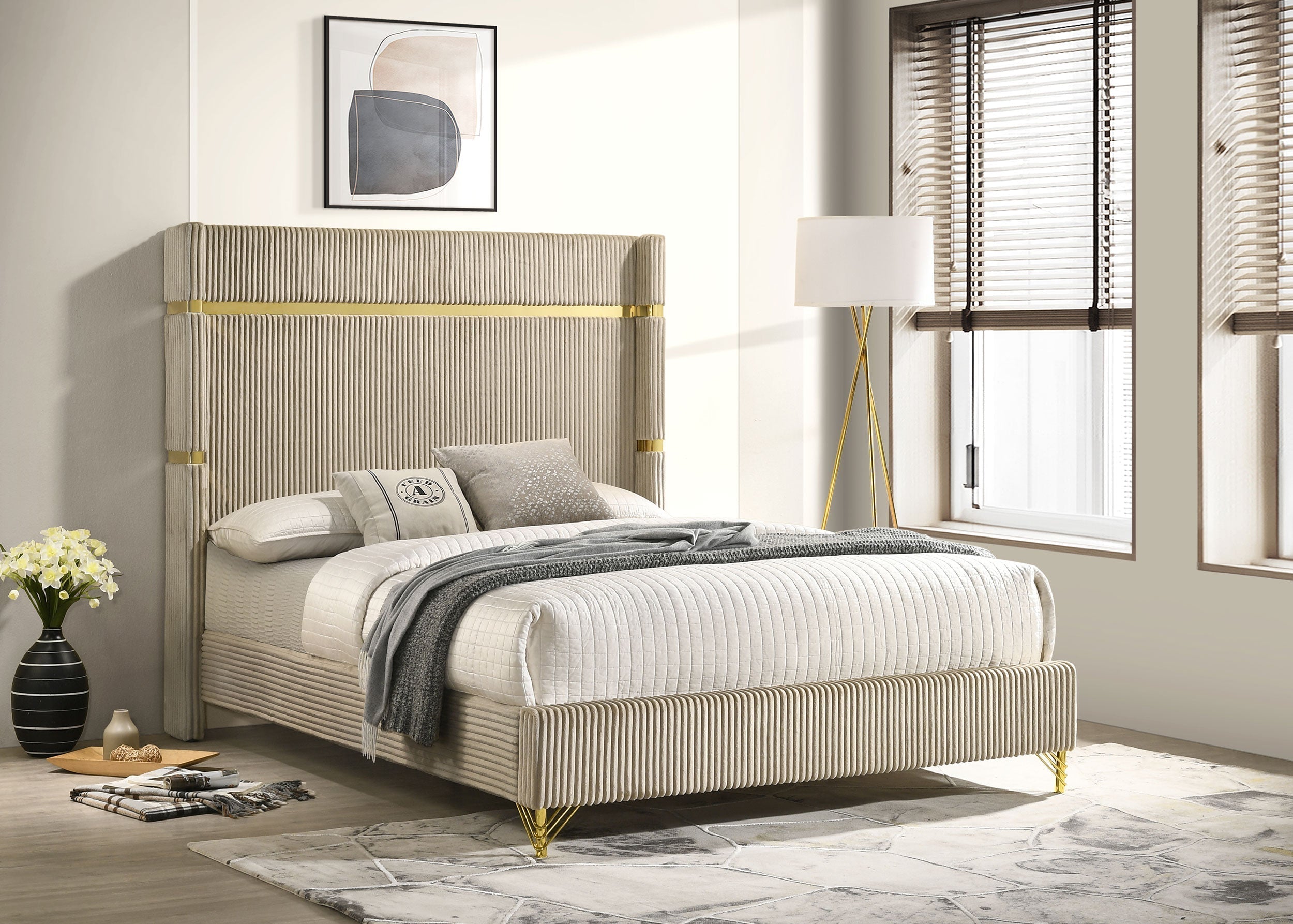 Lucia Upholstered Wingback Panel Bed Beige