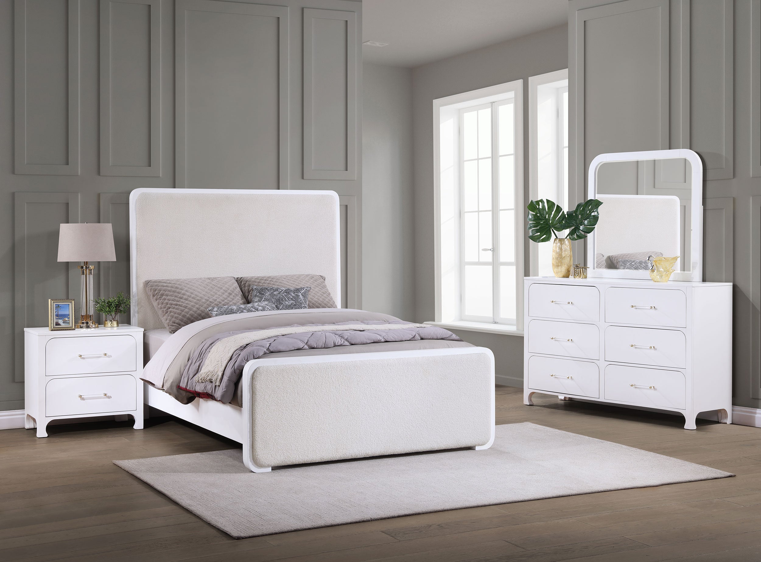Anastasia Boucle Upholstered Bedroom Set Pearl White and Beige