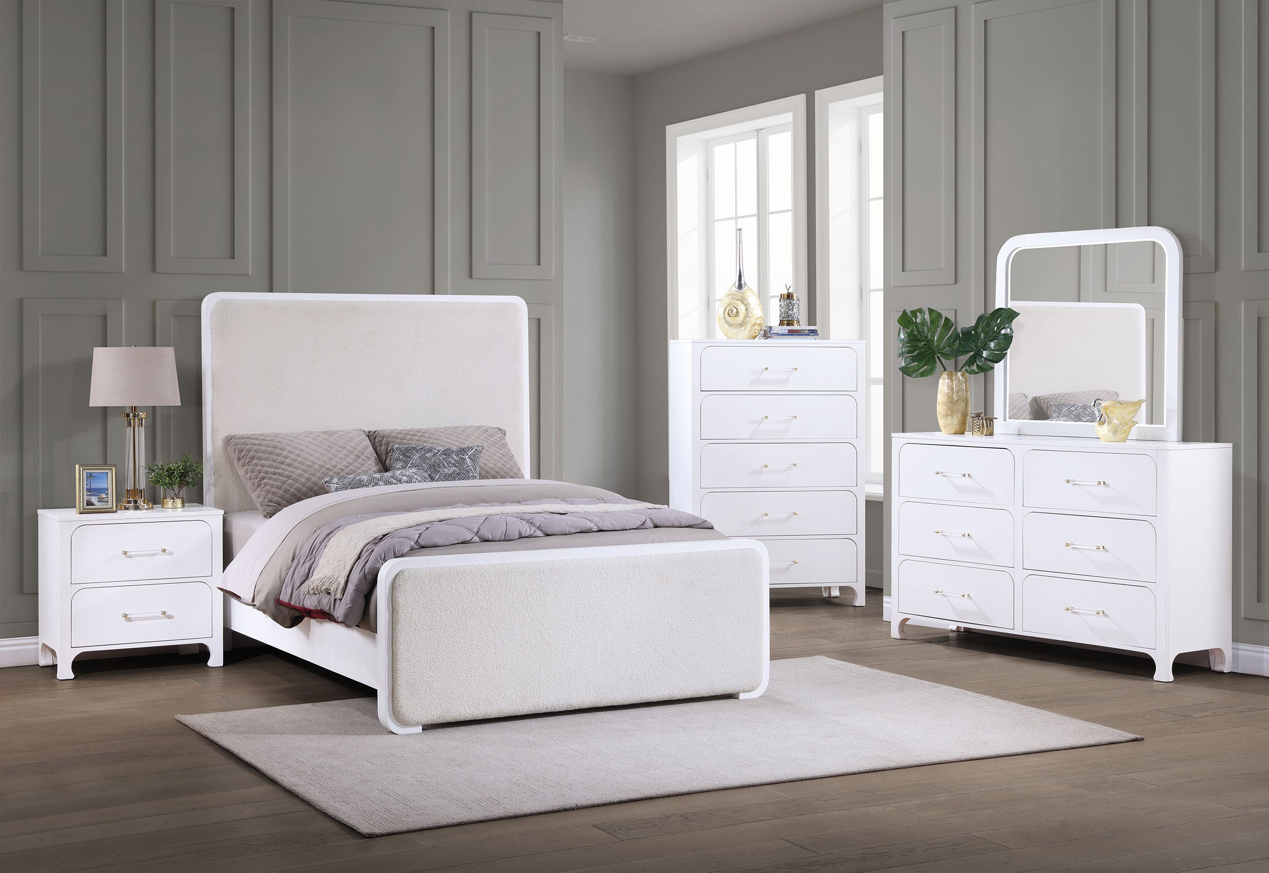 Anastasia Boucle Upholstered Bedroom Set Pearl White and Beige