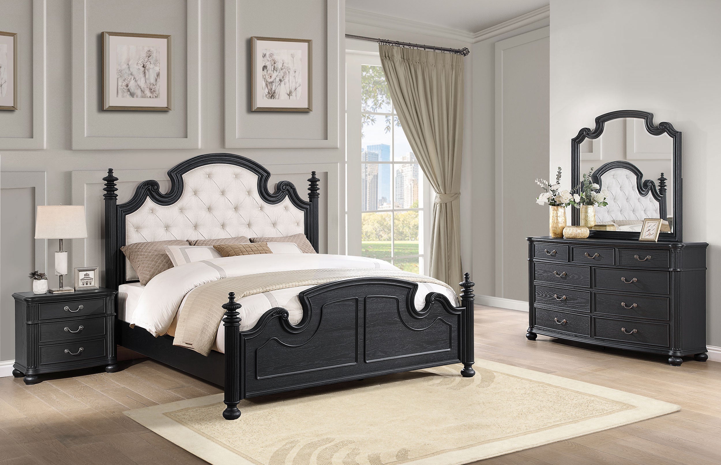 Celina Bedroom Set with Upholstered Headboard Black and Beige