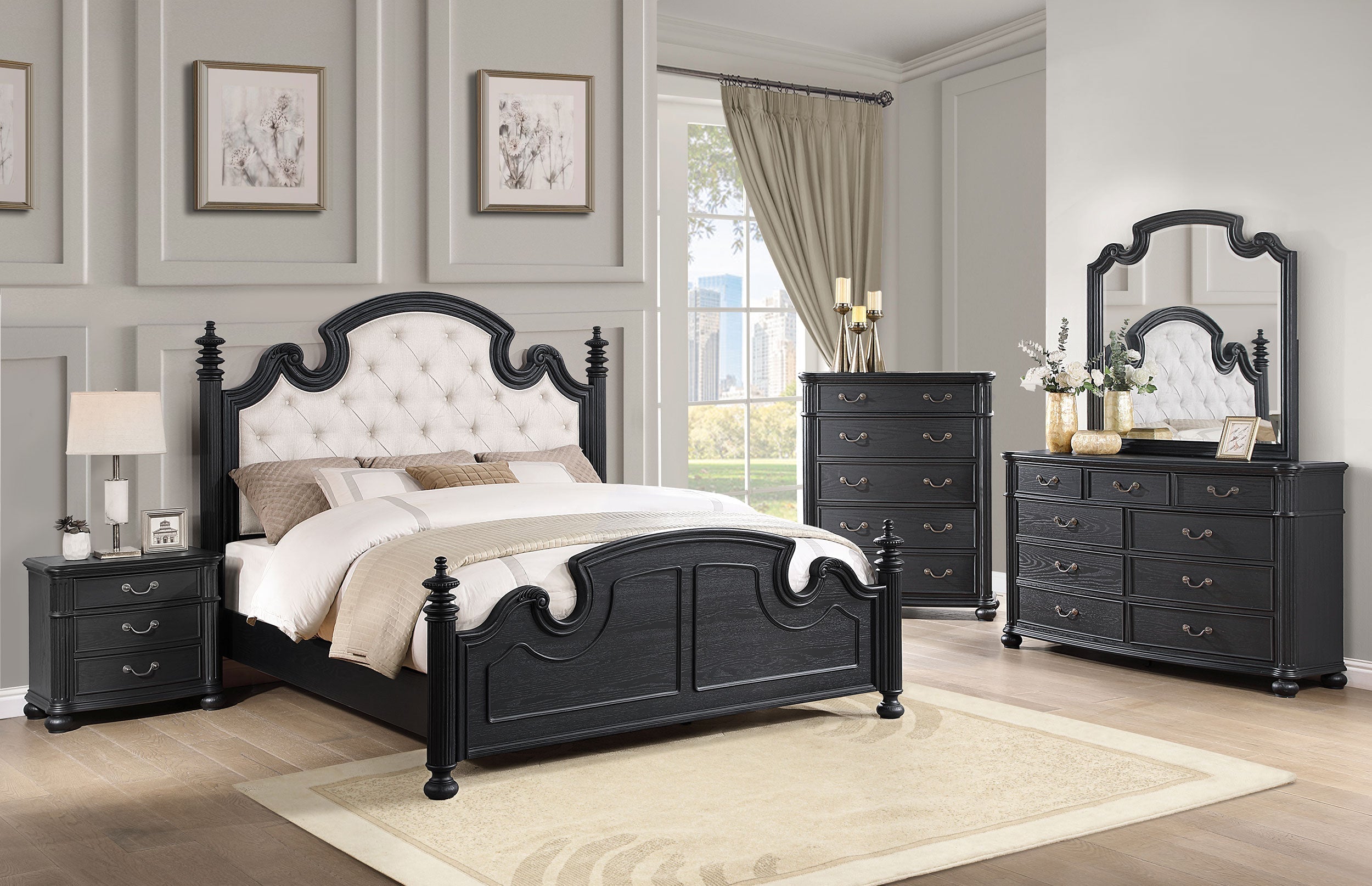 Celina Bedroom Set with Upholstered Headboard Black and Beige