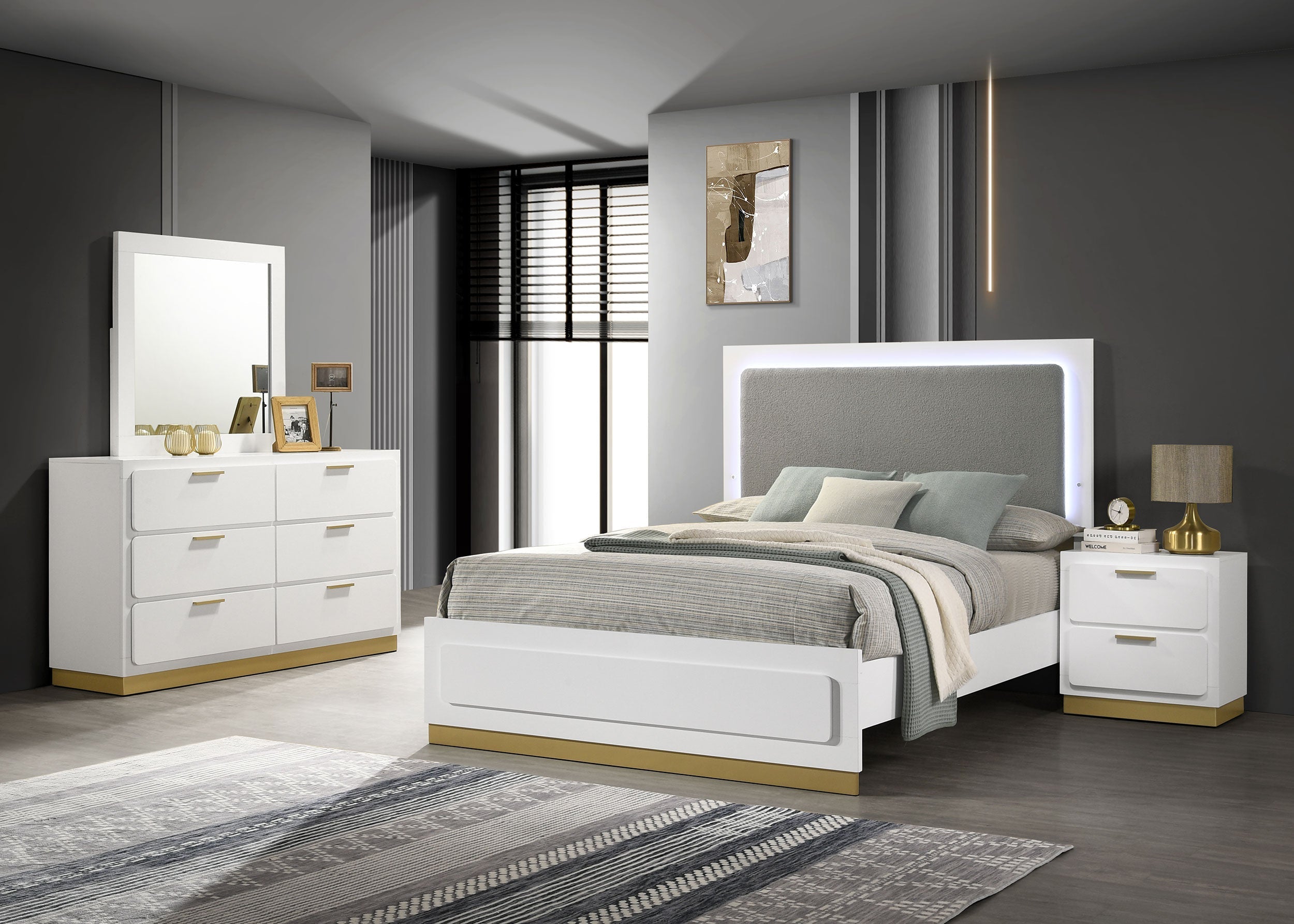 Caraway Bedroom Set with LED Headboard White and Grey