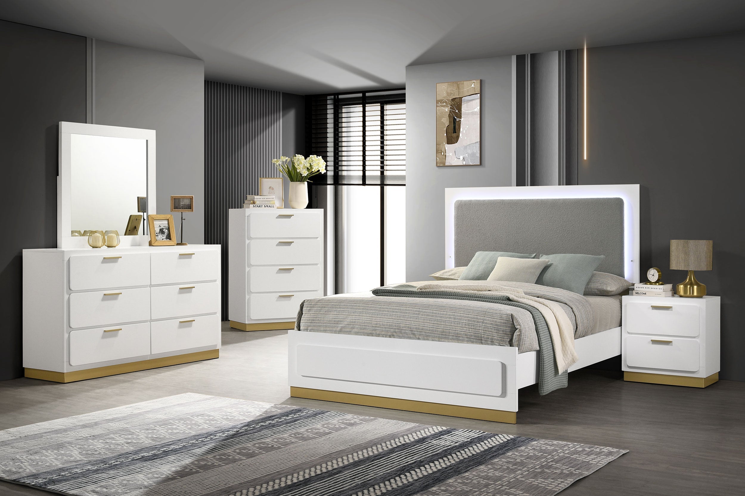 Caraway Bedroom Set with LED Headboard White and Grey