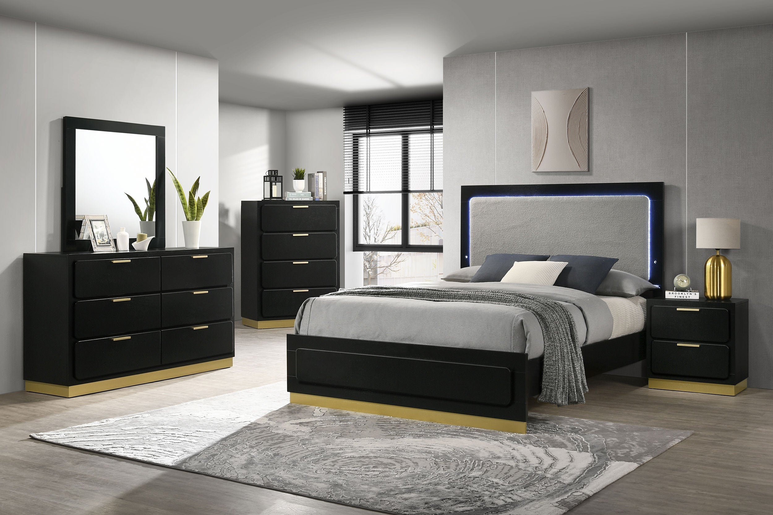 Caraway Bedroom Set with LED Headboard Black and Grey