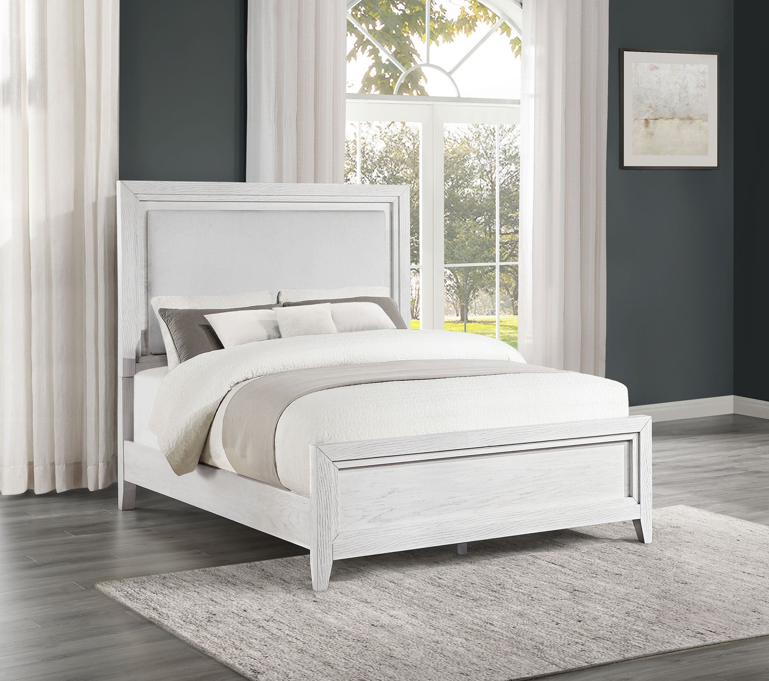 Marielle Upholstered LED Panel Bed Distressed White