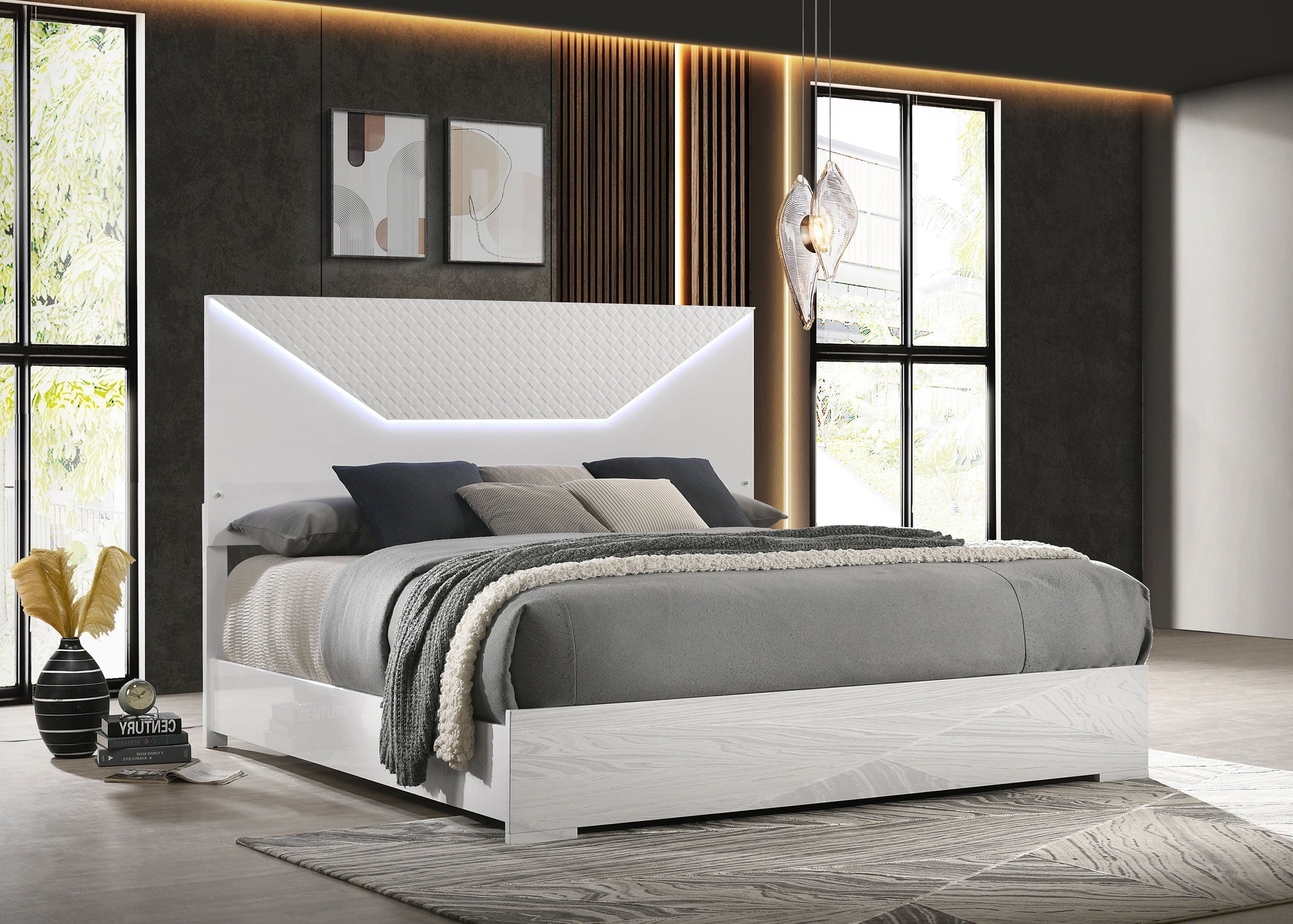 Ives Panel Bed LED Headboard White High Gloss