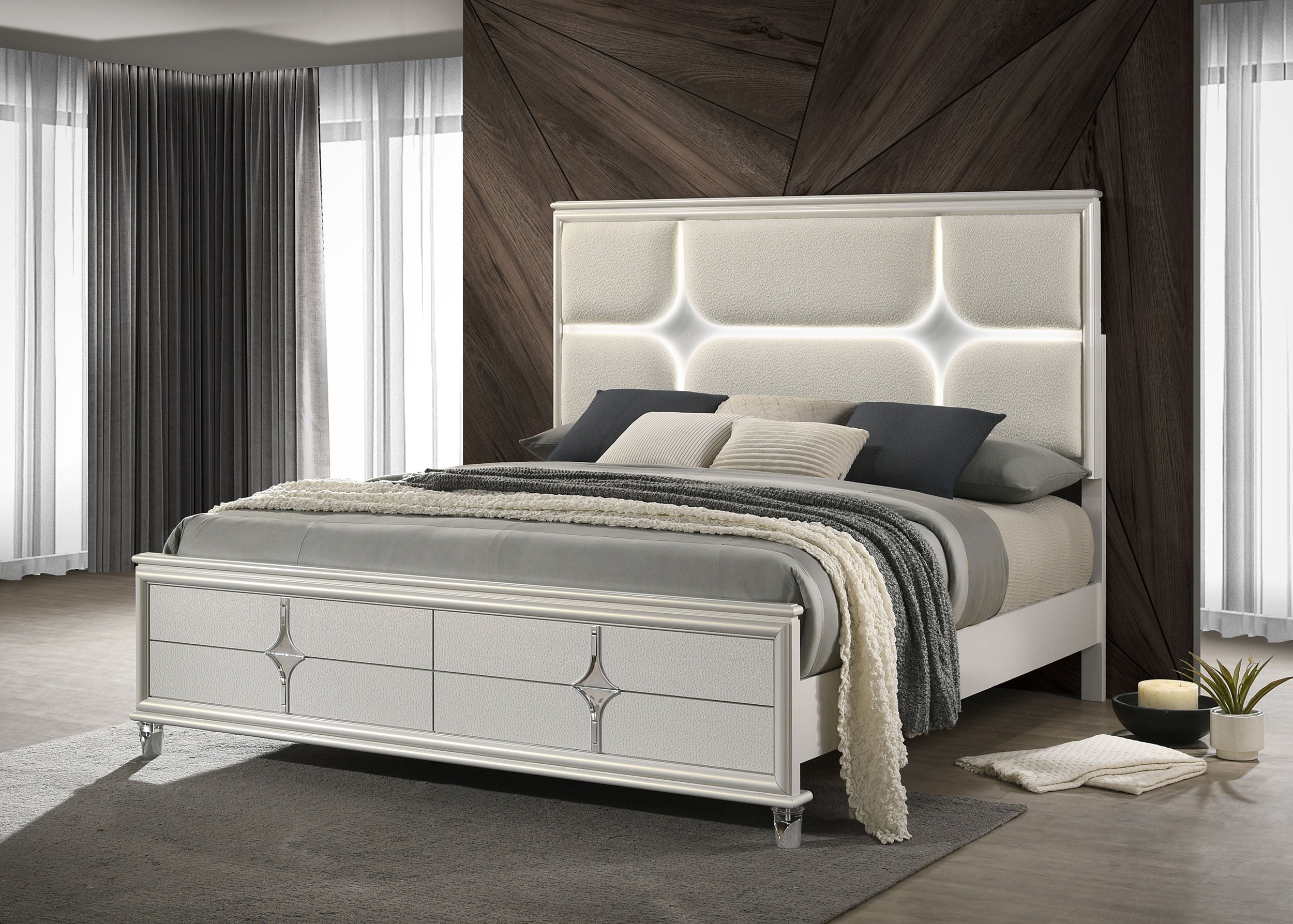 Olivia Panel Bed LED Headboard Pearl White
