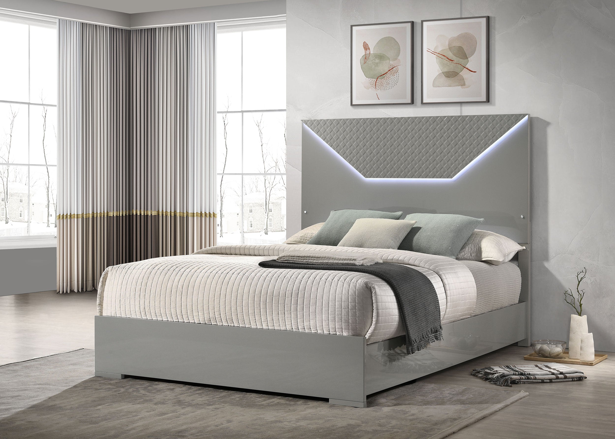 Ives Panel Bed LED Headboard Grey High Gloss