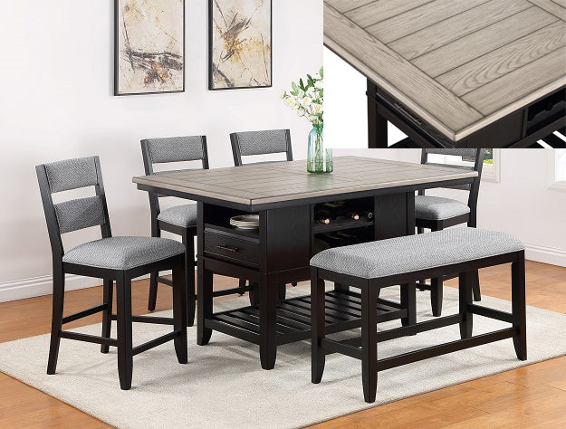 Frey Counter Height Dining Set — Storage Table, Chairs & Bench