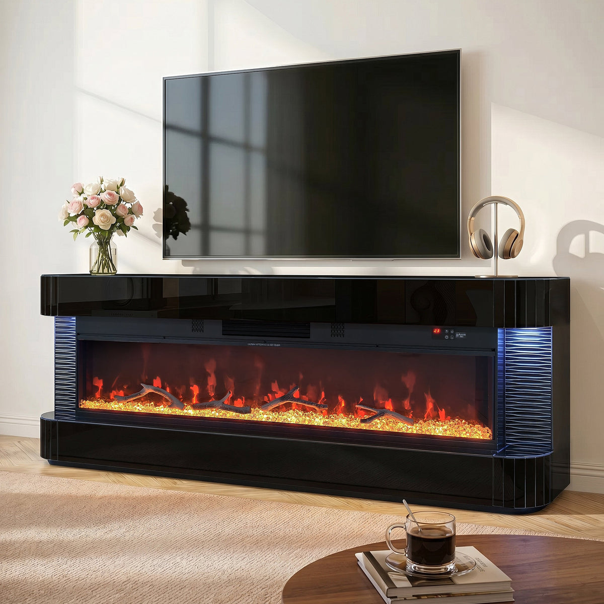 Lush Black High-Gloss TV Stand — Multicolor Fireplace