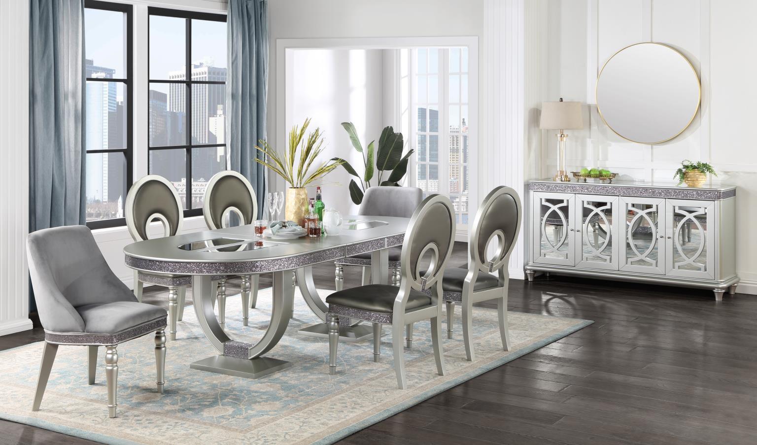 D107 Shimmer Silver Round Back Side Chair (Set of 2) — 19-Inch Wide