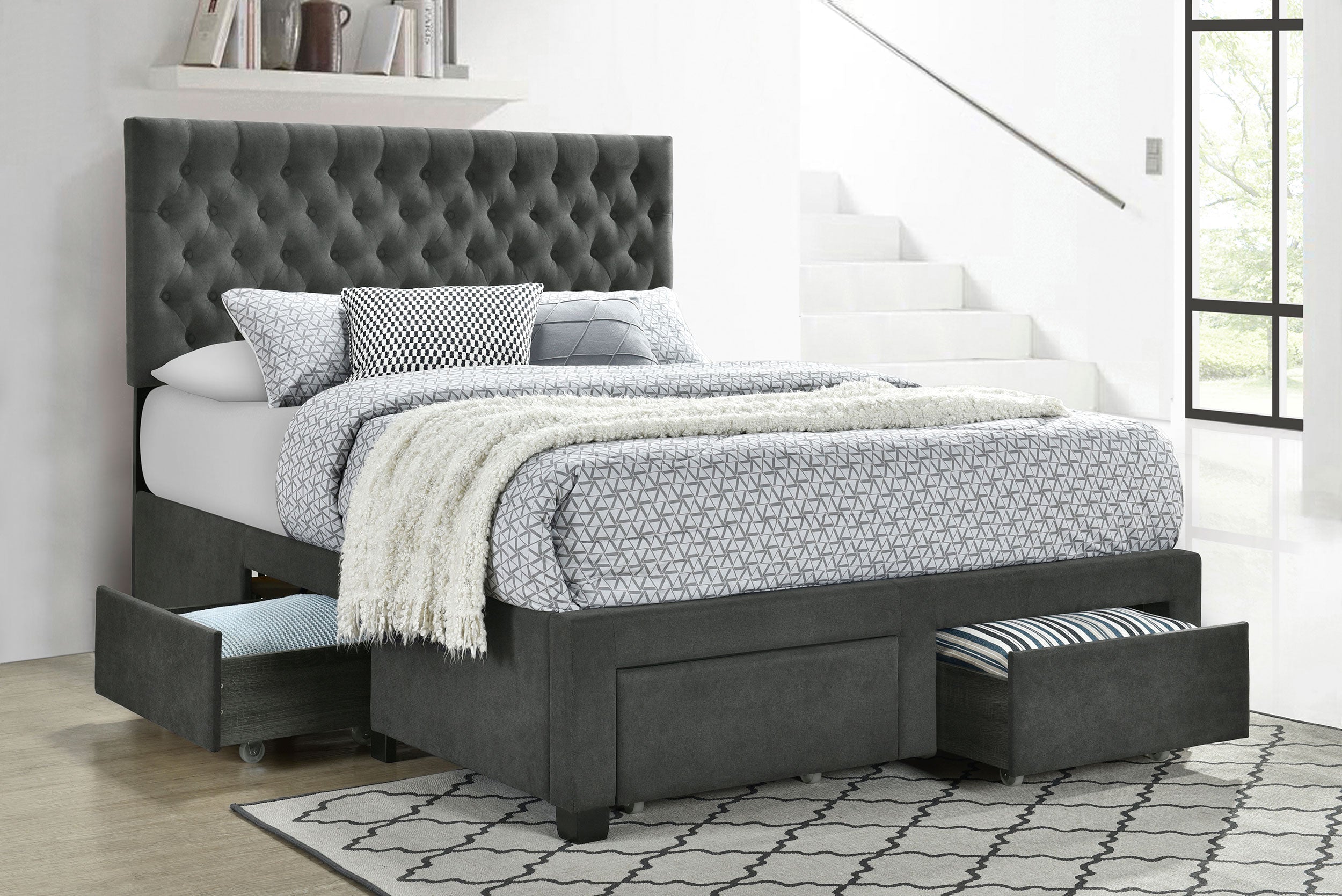 Soledad 4-drawer Button Tufted Storage Bed Charcoal