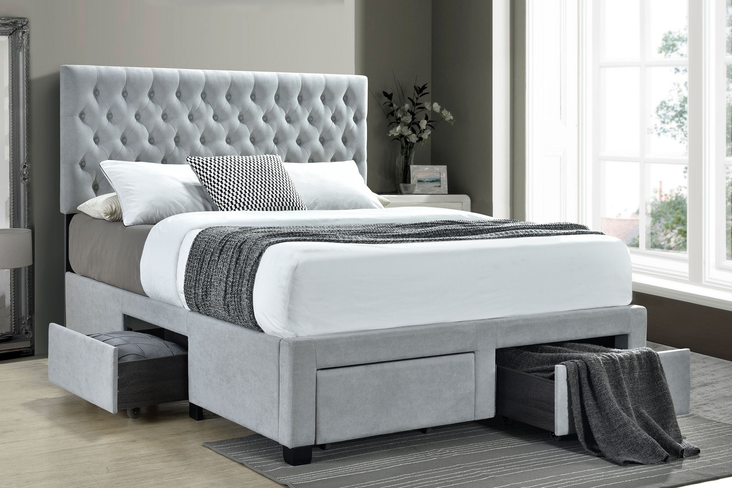 Soledad 4-drawer Button Tufted Storage Bed Light Grey
