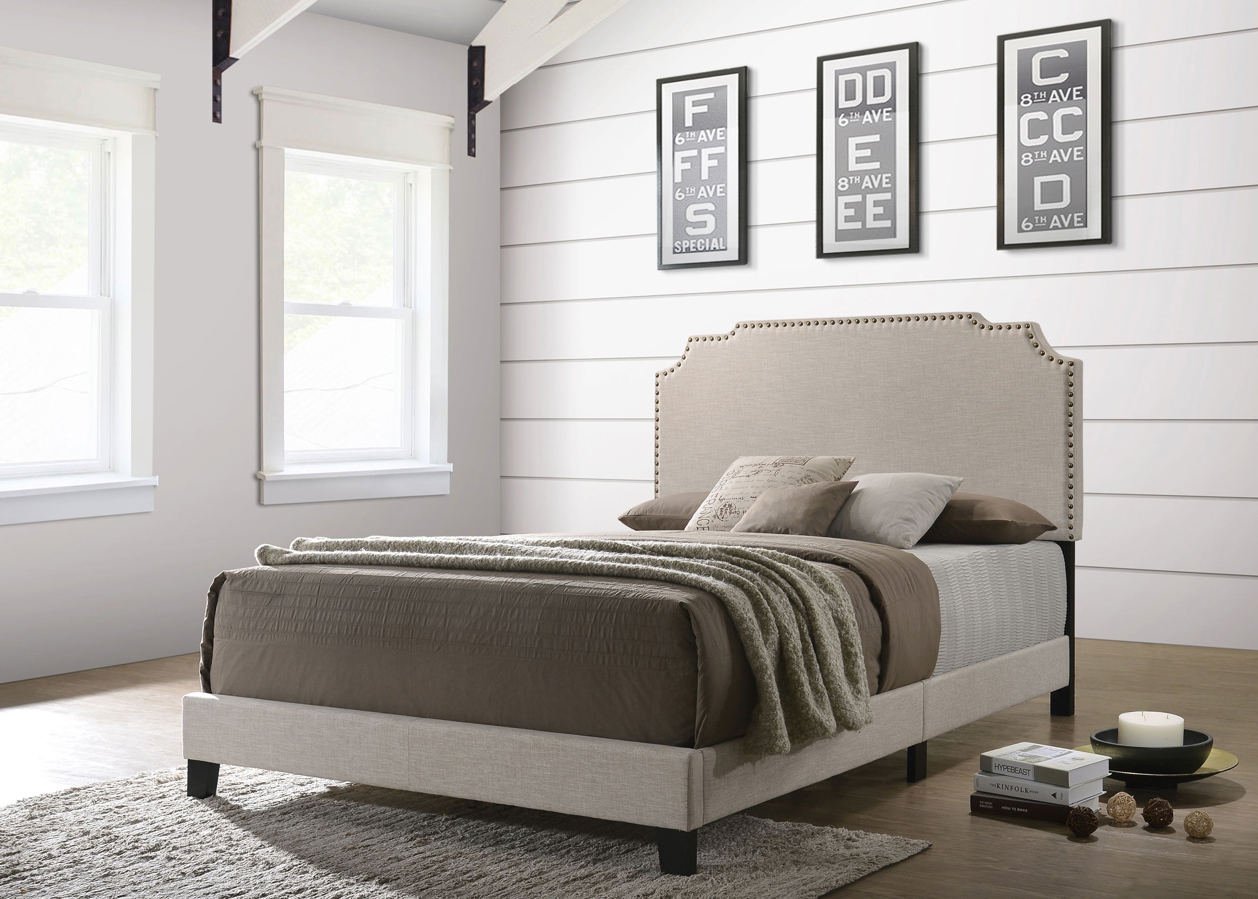 Tamarac Upholstered Nailhead Bed Beige