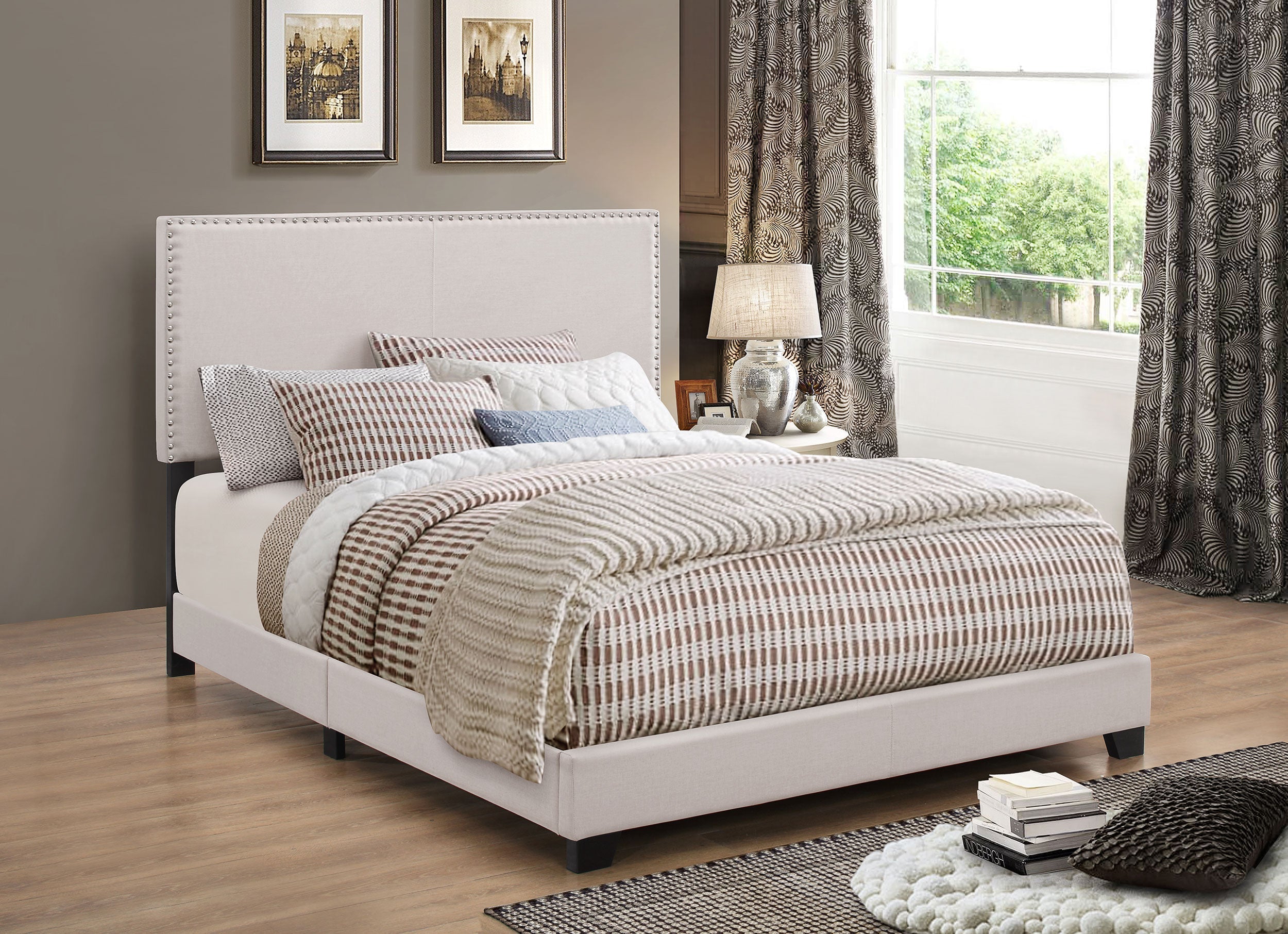 Boyd Upholstered Bed with Nailhead Trim Ivory