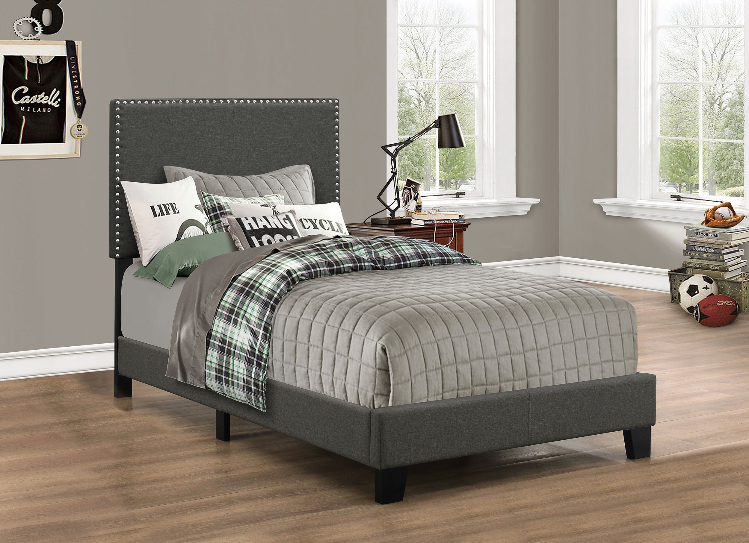 Boyd Upholstered Bed with Nailhead Trim Charcoal