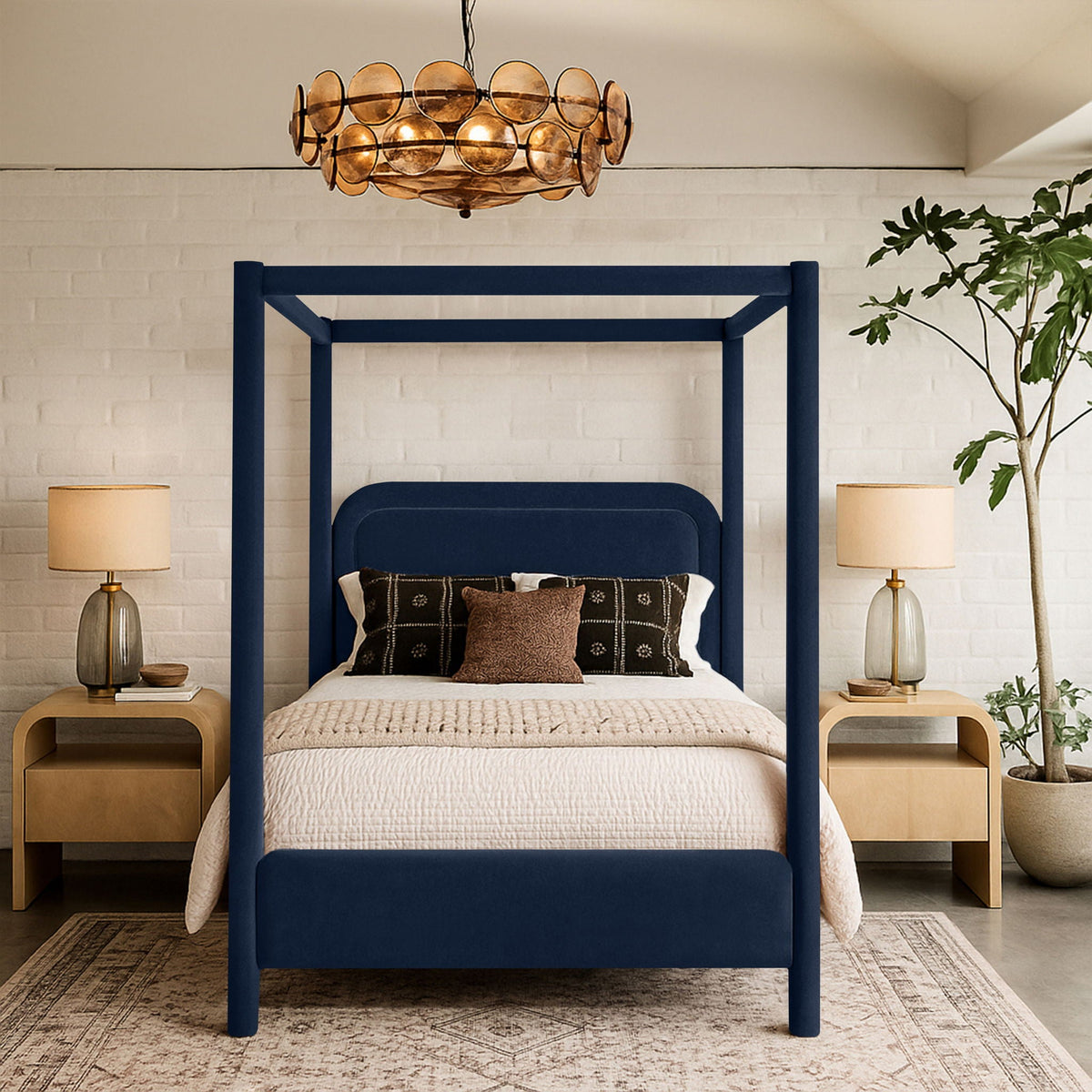 Salina Velvet Upholstered Canopy Bed — 10 Colors, Twin to King