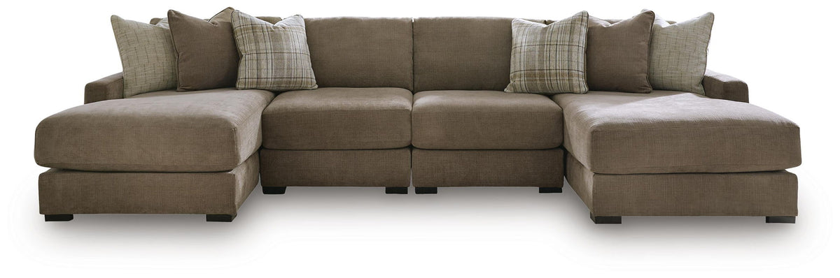 Camellia-Court Coffee Modular Sectional — 4-Piece Sectional, Double Chaise & 2 Armless Chairs