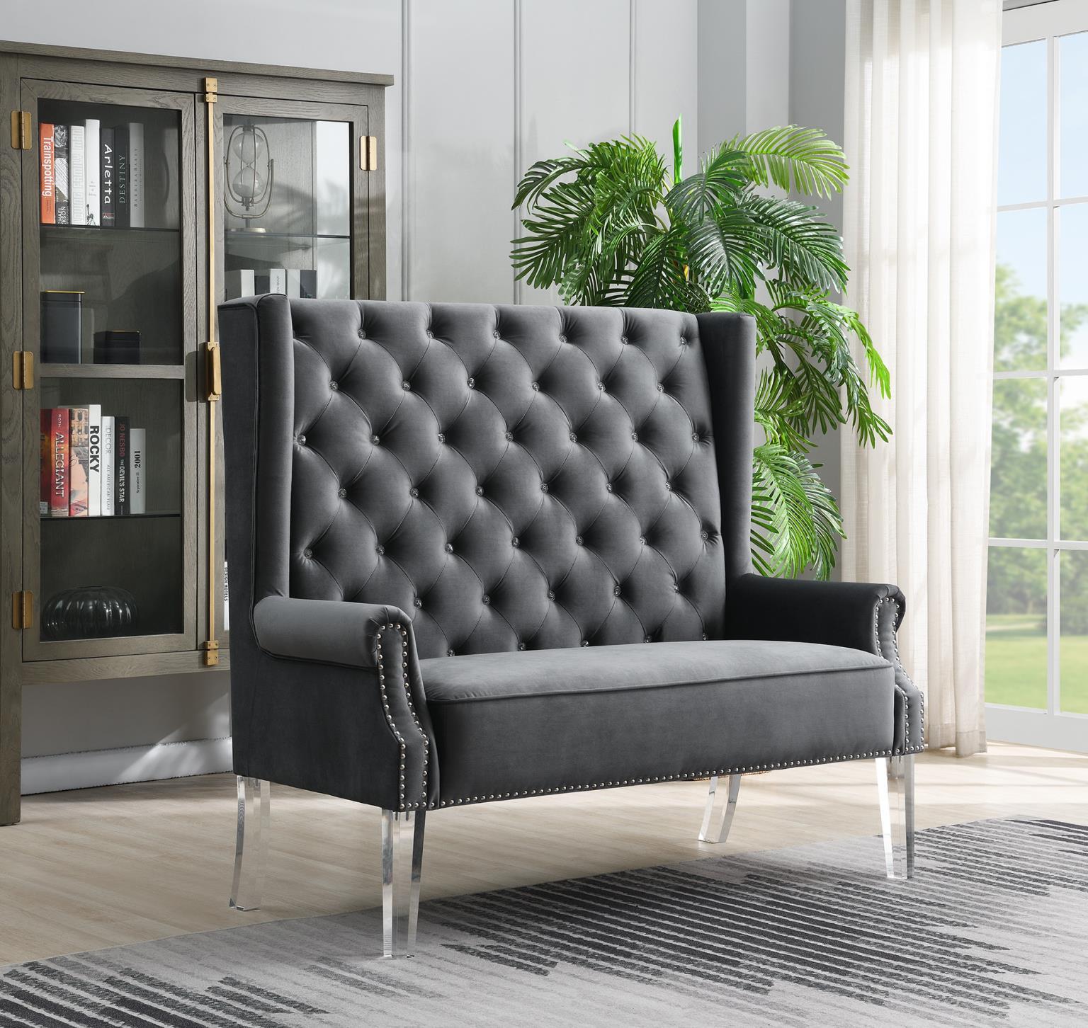 D2095 - High Back Velvet Wing Bench With Acrylic Legs
