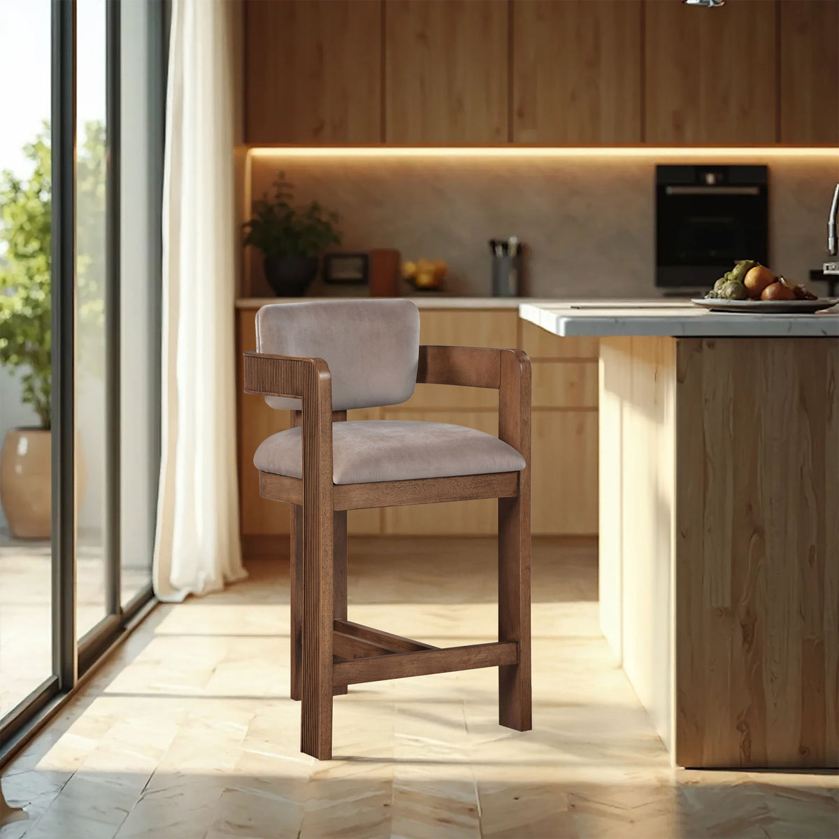 Sacha - Velvet Stool with Brown Base