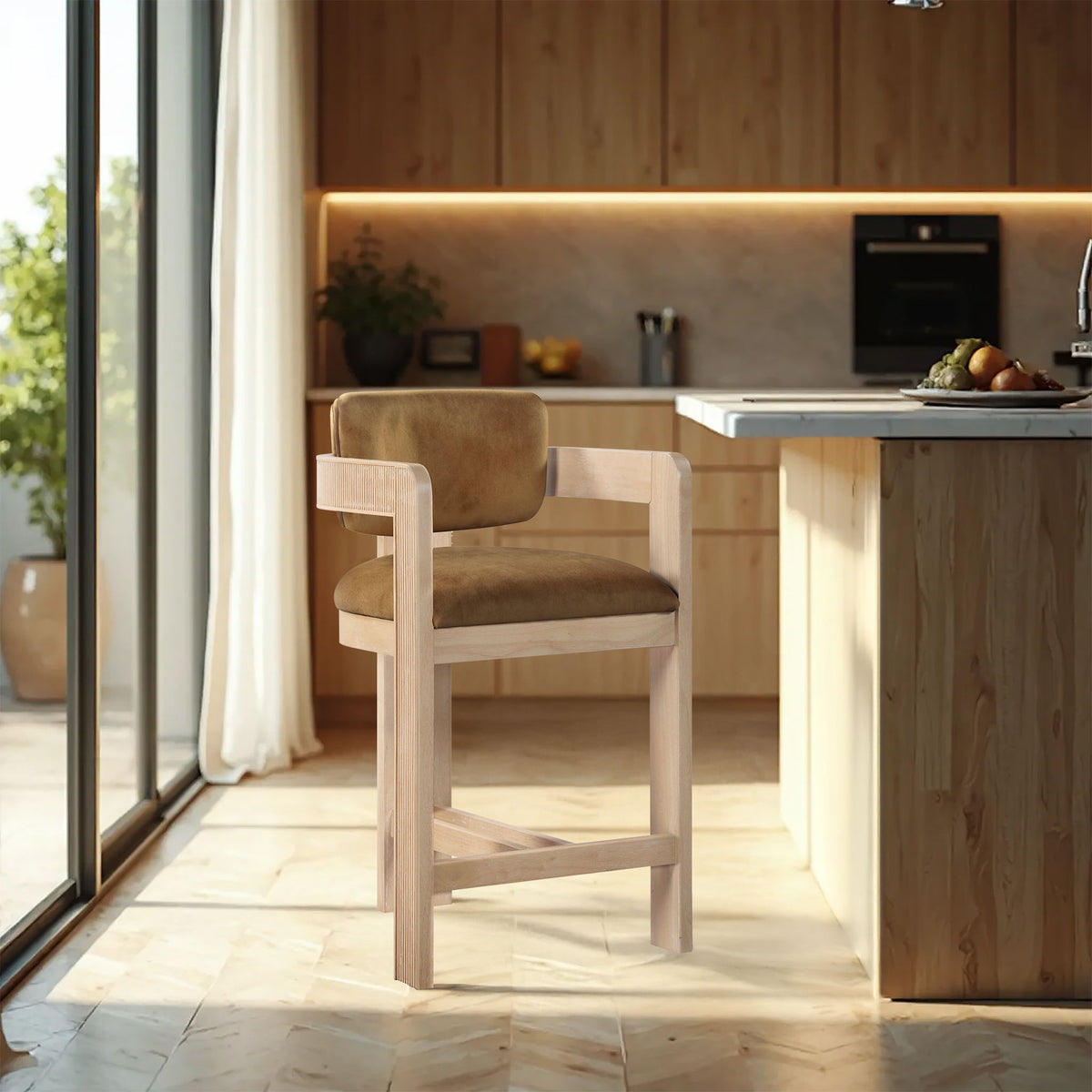 Sacha - Velvet Stool with Natural Base