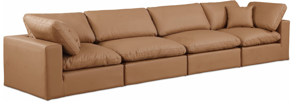 Comfy Faux Leather Modular Sectional — 4-Piece Sofa — Cognac