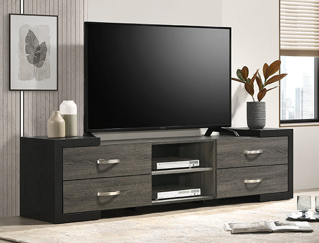 Brant Dark TV Stand — Four Drawers & Open Shelves