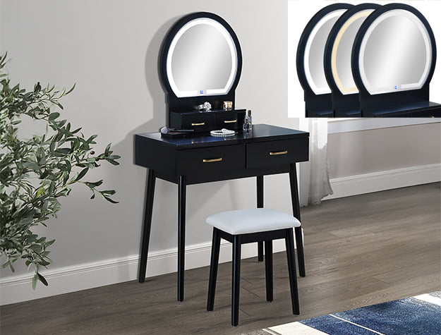Cecilia Black Vanity Table & Stool — LED Mirror