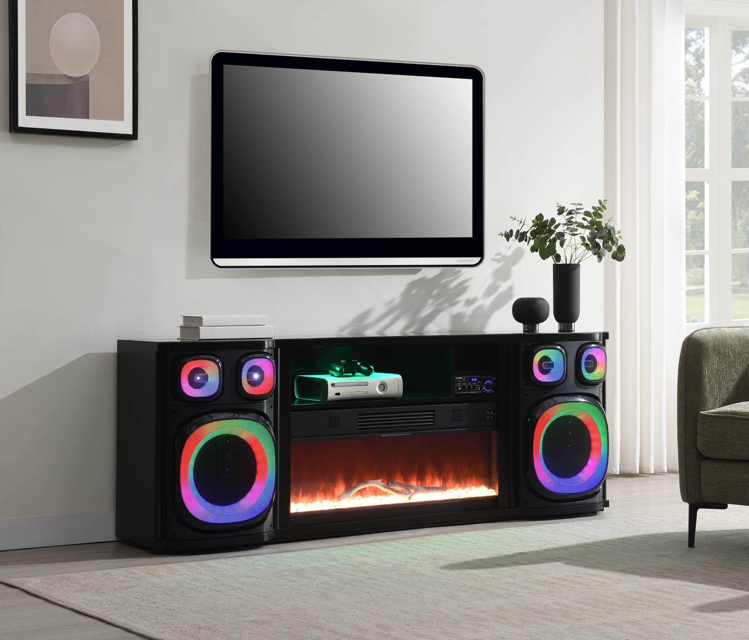 W029-TV Black Fire Place TV Stand With Bluetooth Speaker, 7 Colors, RGB Downlights — 71 in. wide