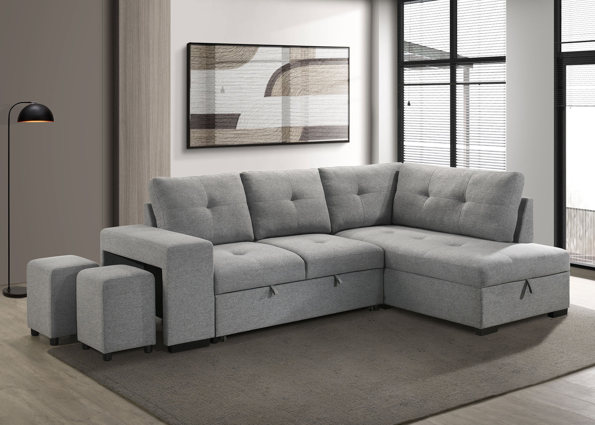 Roanne Fabric Upholstered Sleeper Sectional Sofa Grey
