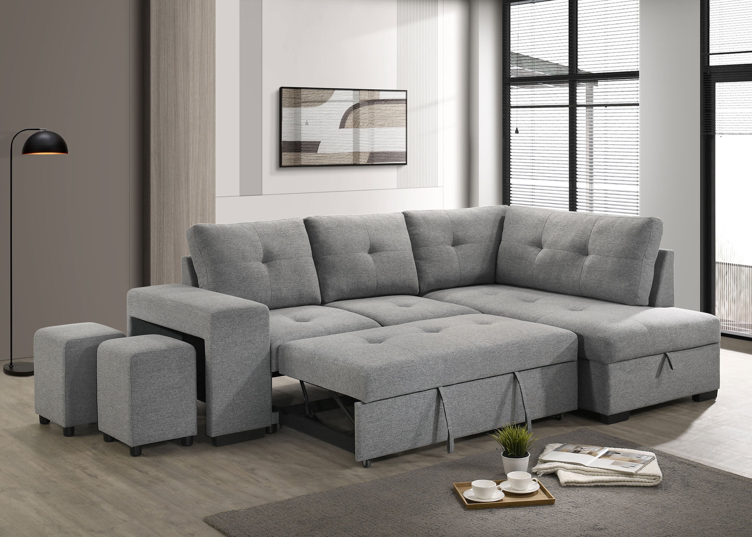Roanne Fabric Upholstered Sleeper Sectional Sofa Grey