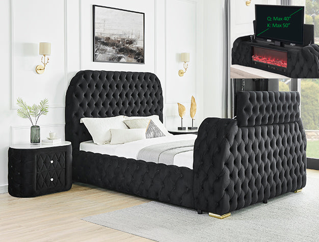 Natalia Black Bed — Built-In Fireplace & TV Lift