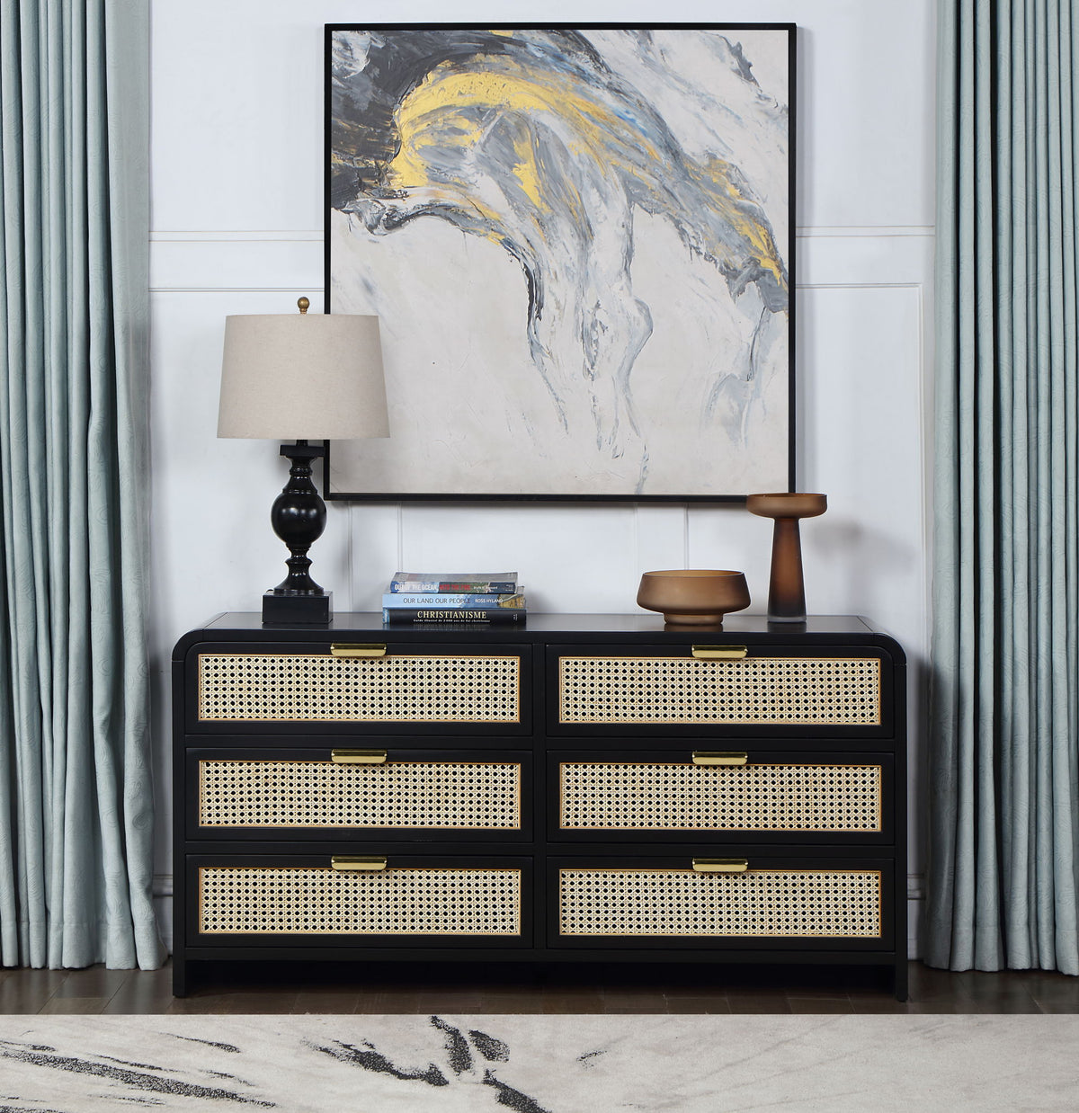 Sage Cane-Front Wood Dresser — White or Black