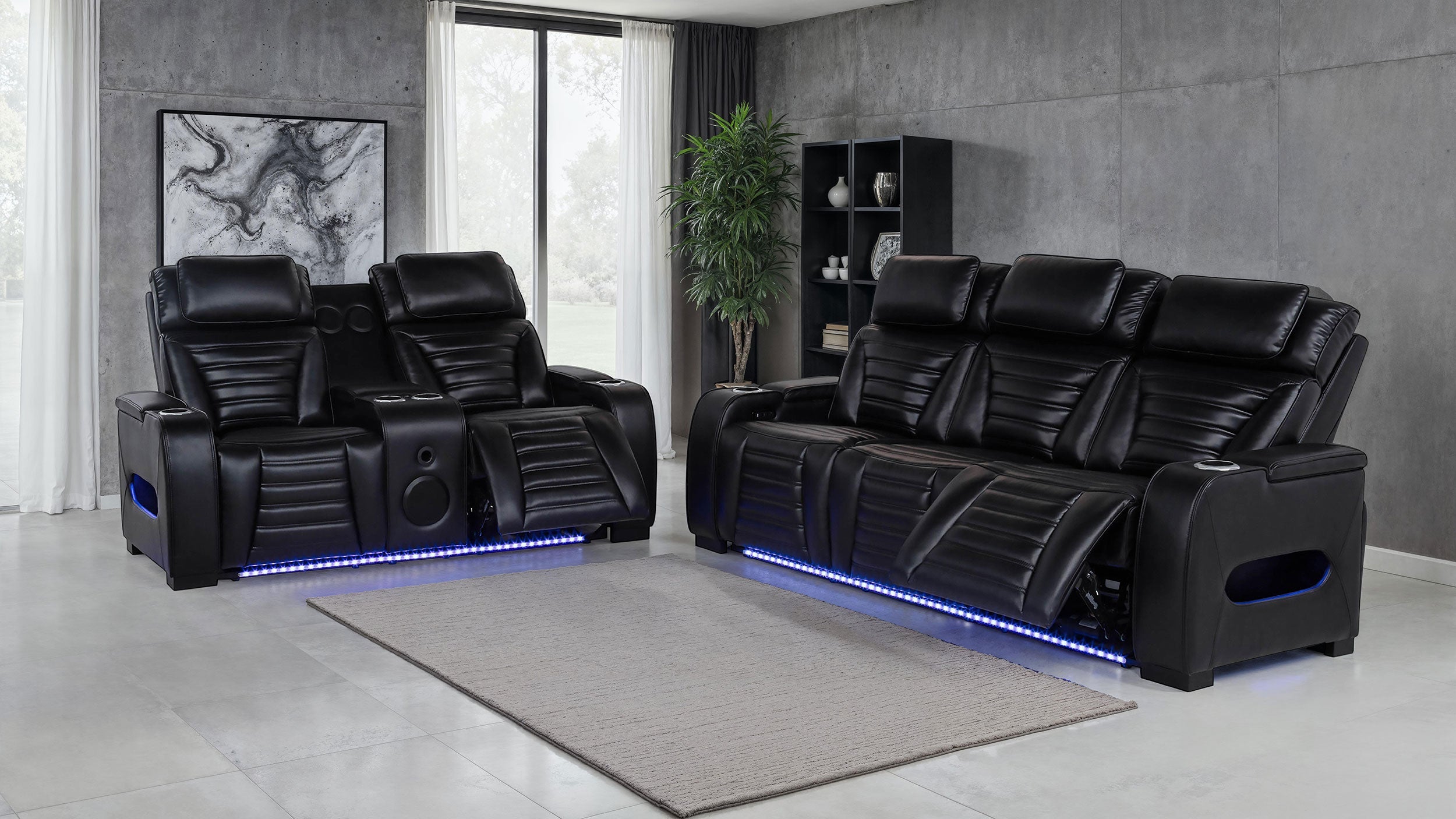 Zuma Faux Leather Dual Power LED Sofa Set