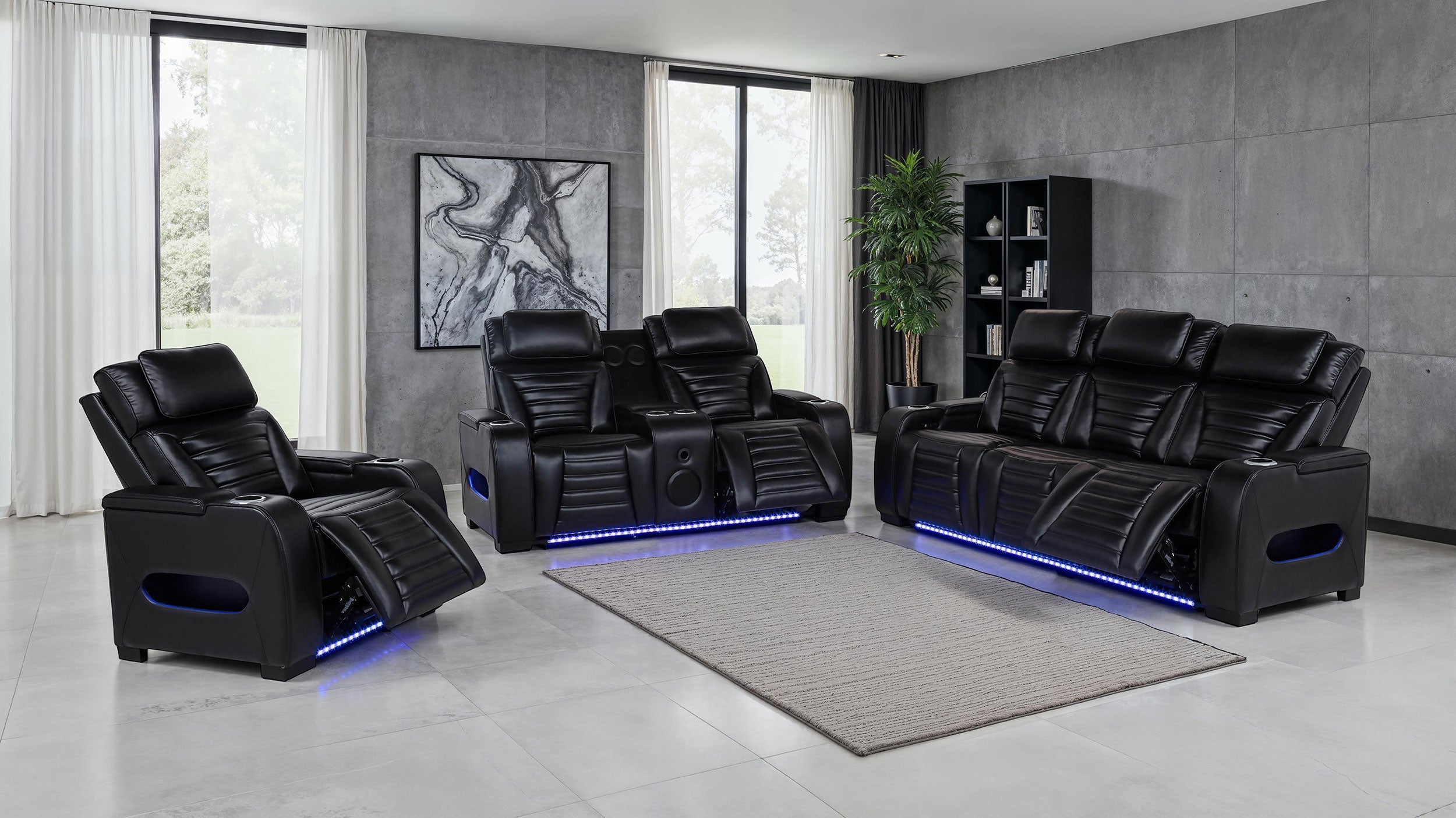 Zuma Faux Leather Dual Power LED Sofa Set