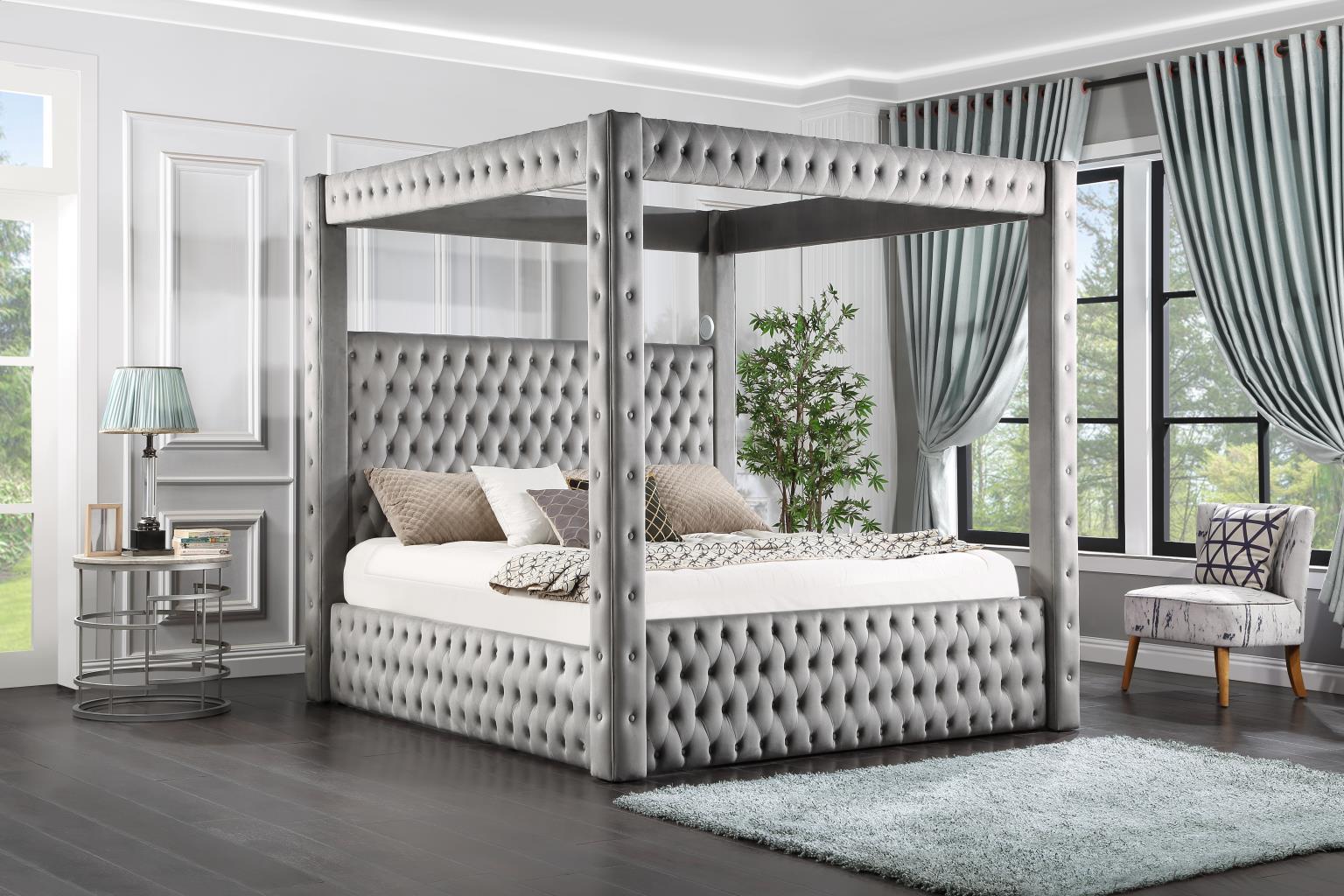 B568 - Velvet Canopy Bed With Bluetooth Speaker & USB