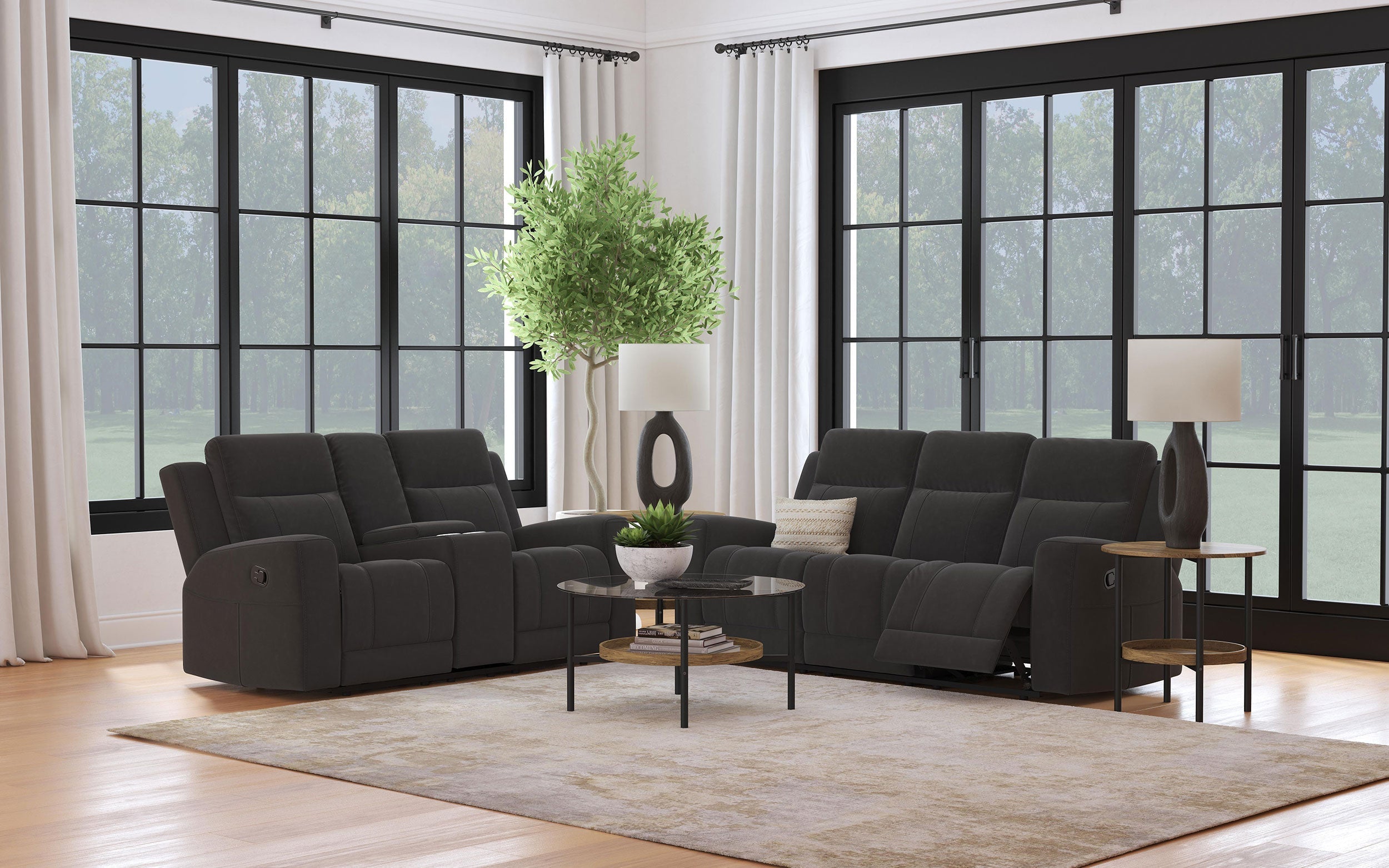 Brentwood Upholstered Reclining Sofa Set Dark Charcoal