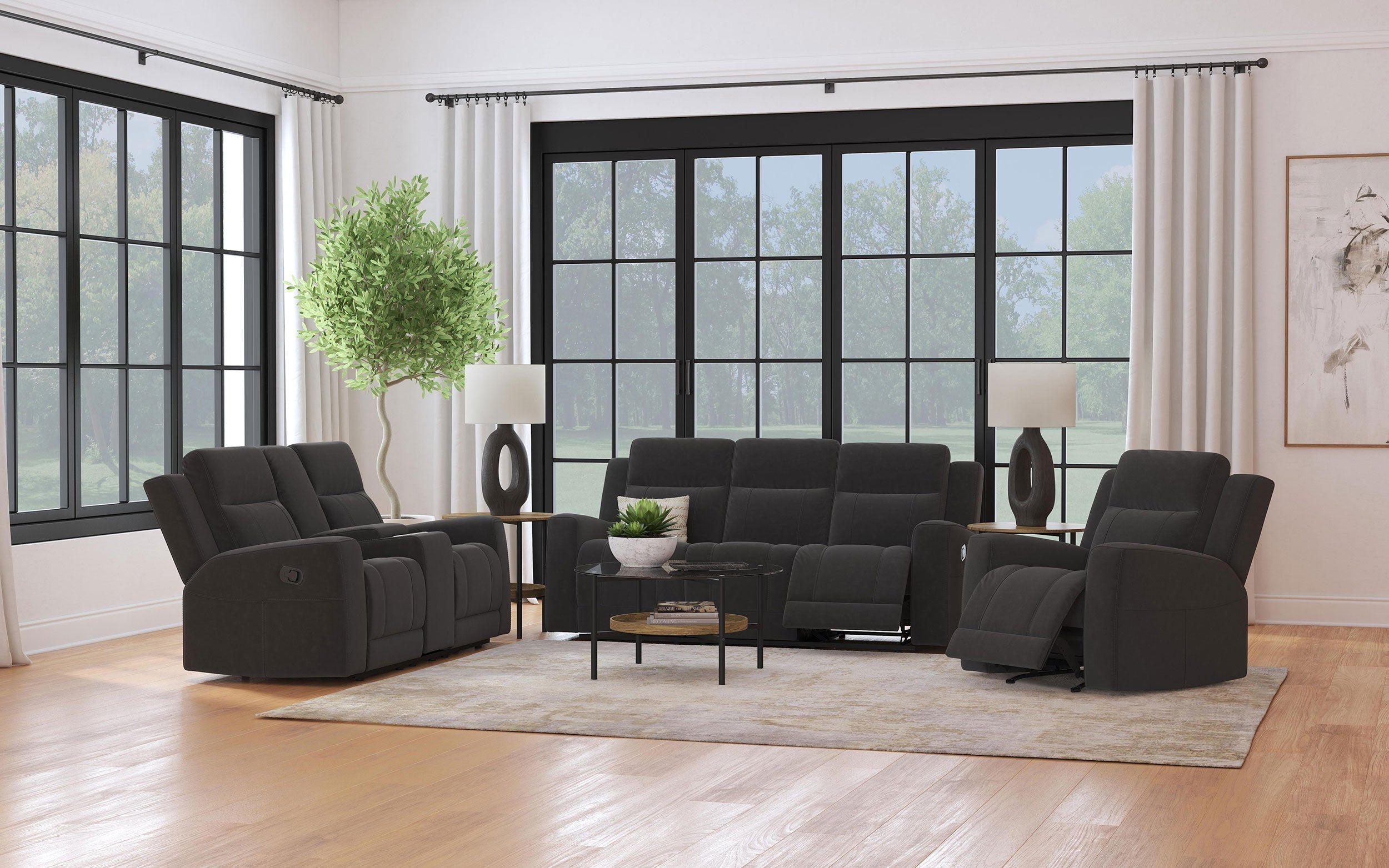 Brentwood Upholstered Reclining Sofa Set Dark Charcoal