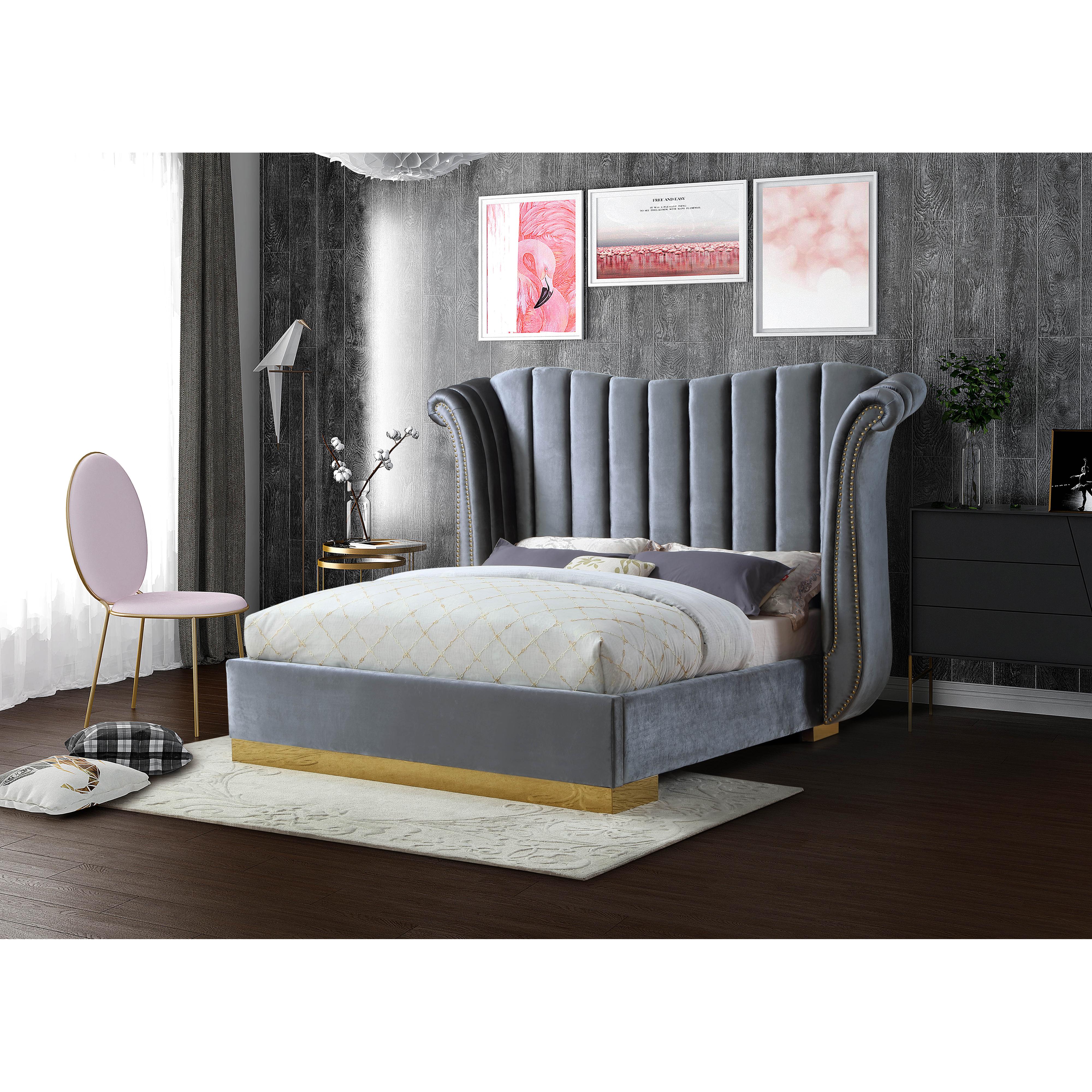 Meridian Flora Grey Velvet Queen Bed (3 Boxes)