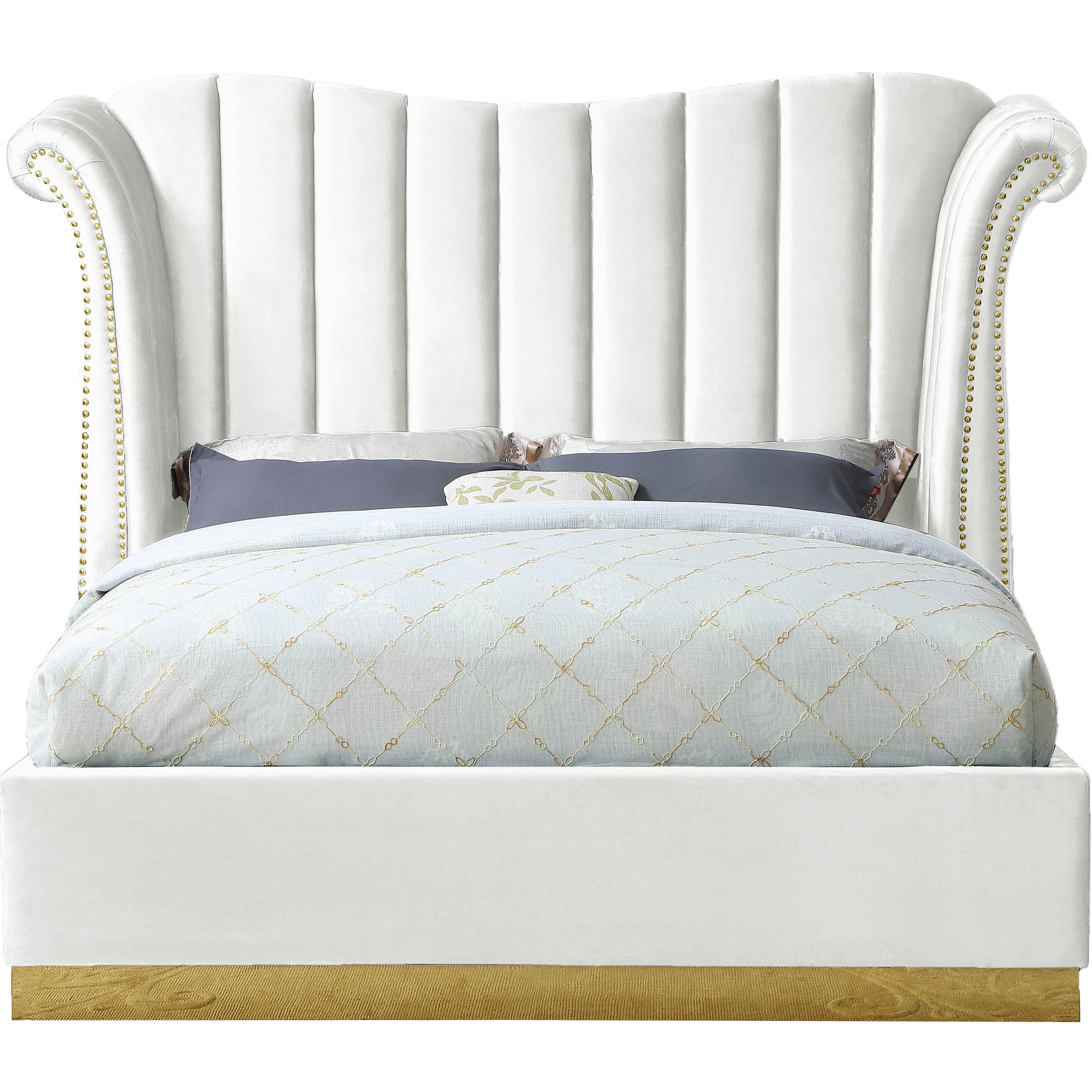 Meridian Flora White Velvet Queen Bed (3 Boxes)