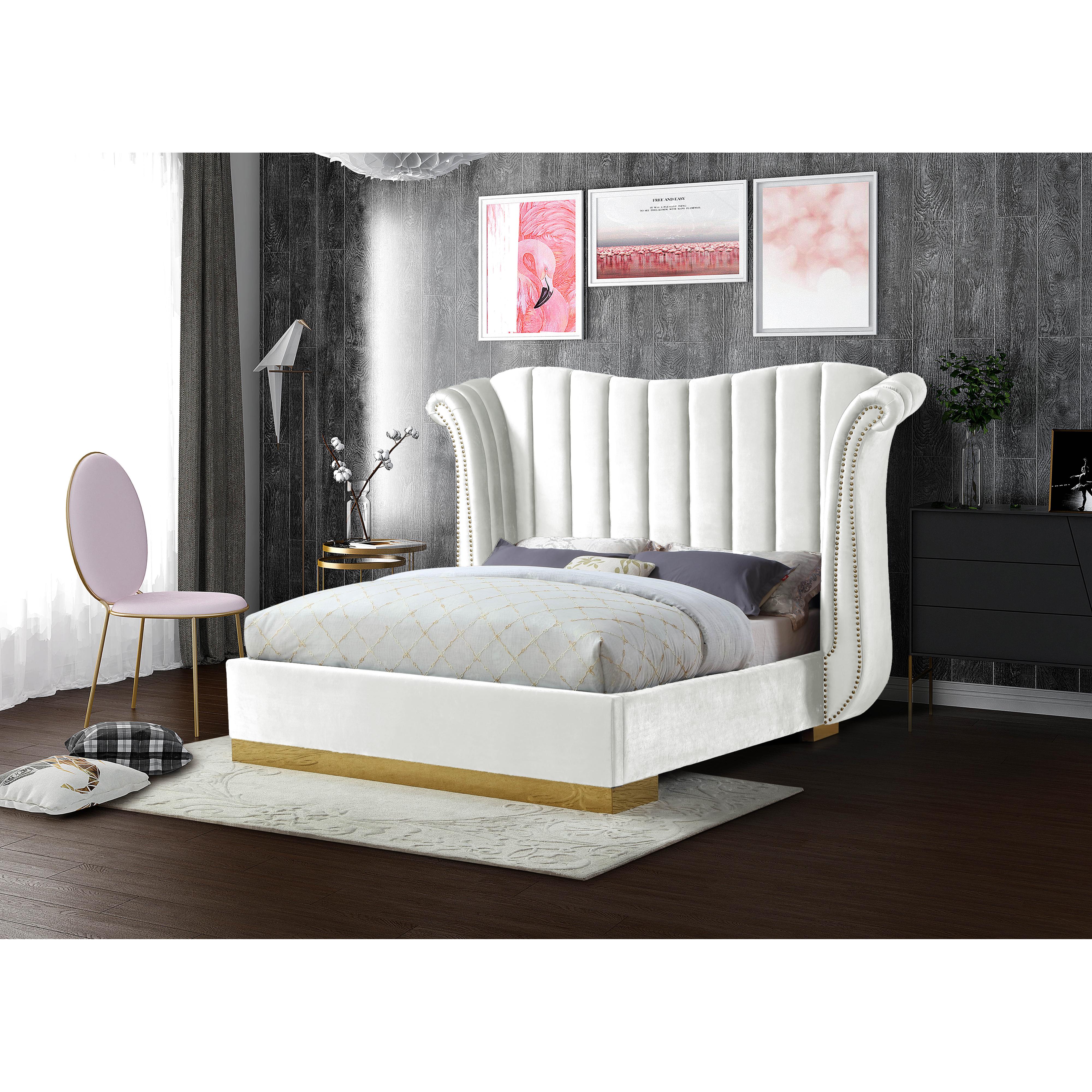 Meridian Flora White Velvet Queen Bed (3 Boxes)