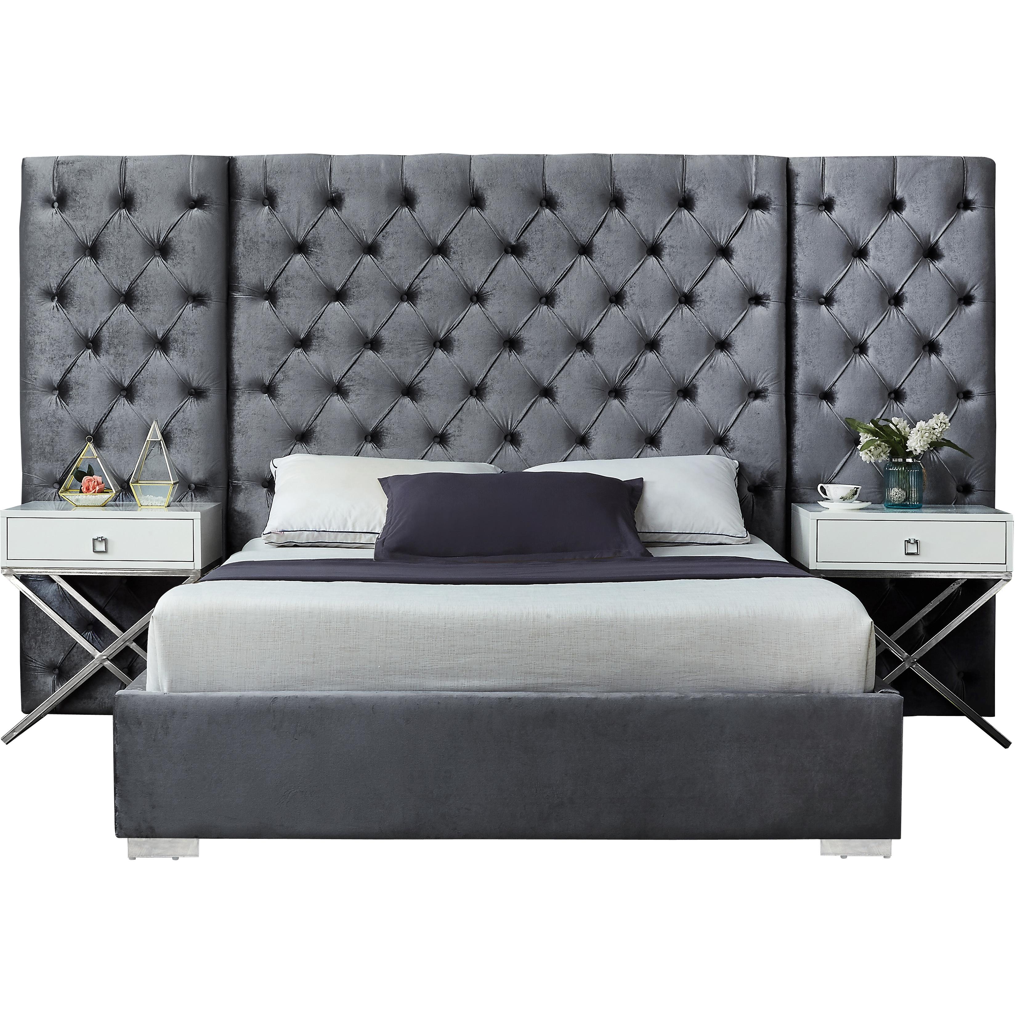 Meridian Grande Grey Velvet Queen Bed (3 Boxes)