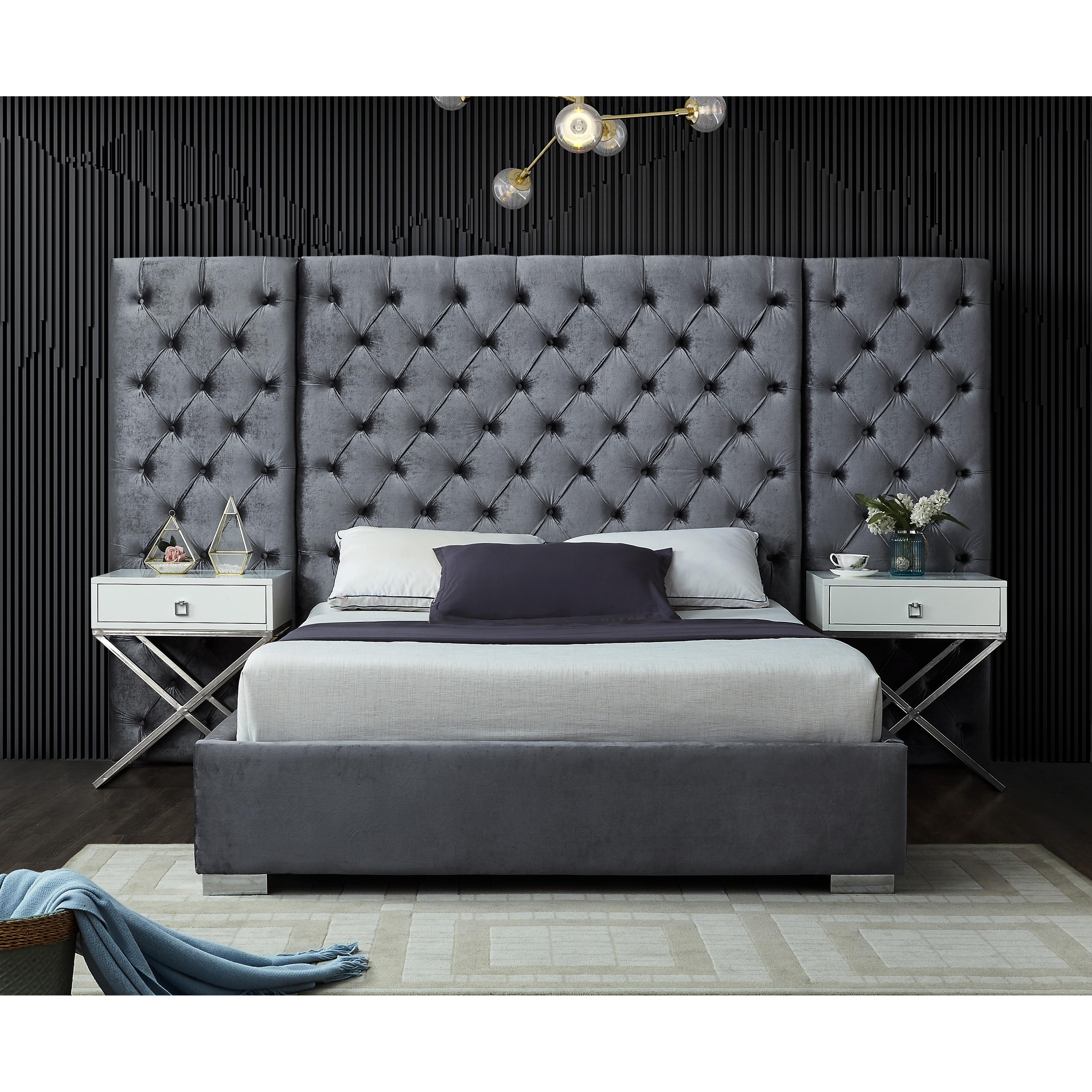 Meridian Grande Grey Velvet King Bed (3 Boxes)