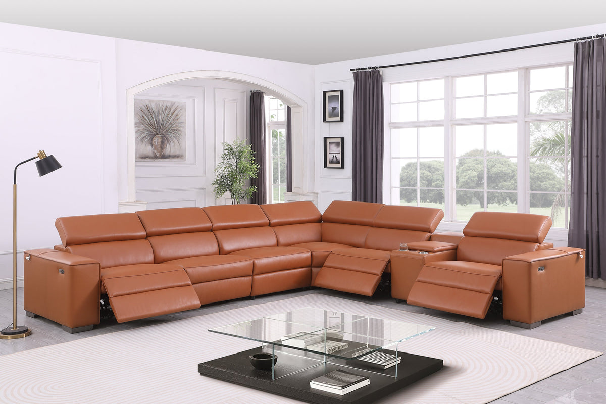 Picasso II Caramel Italian Leather 7-Piece Reclining Sectional