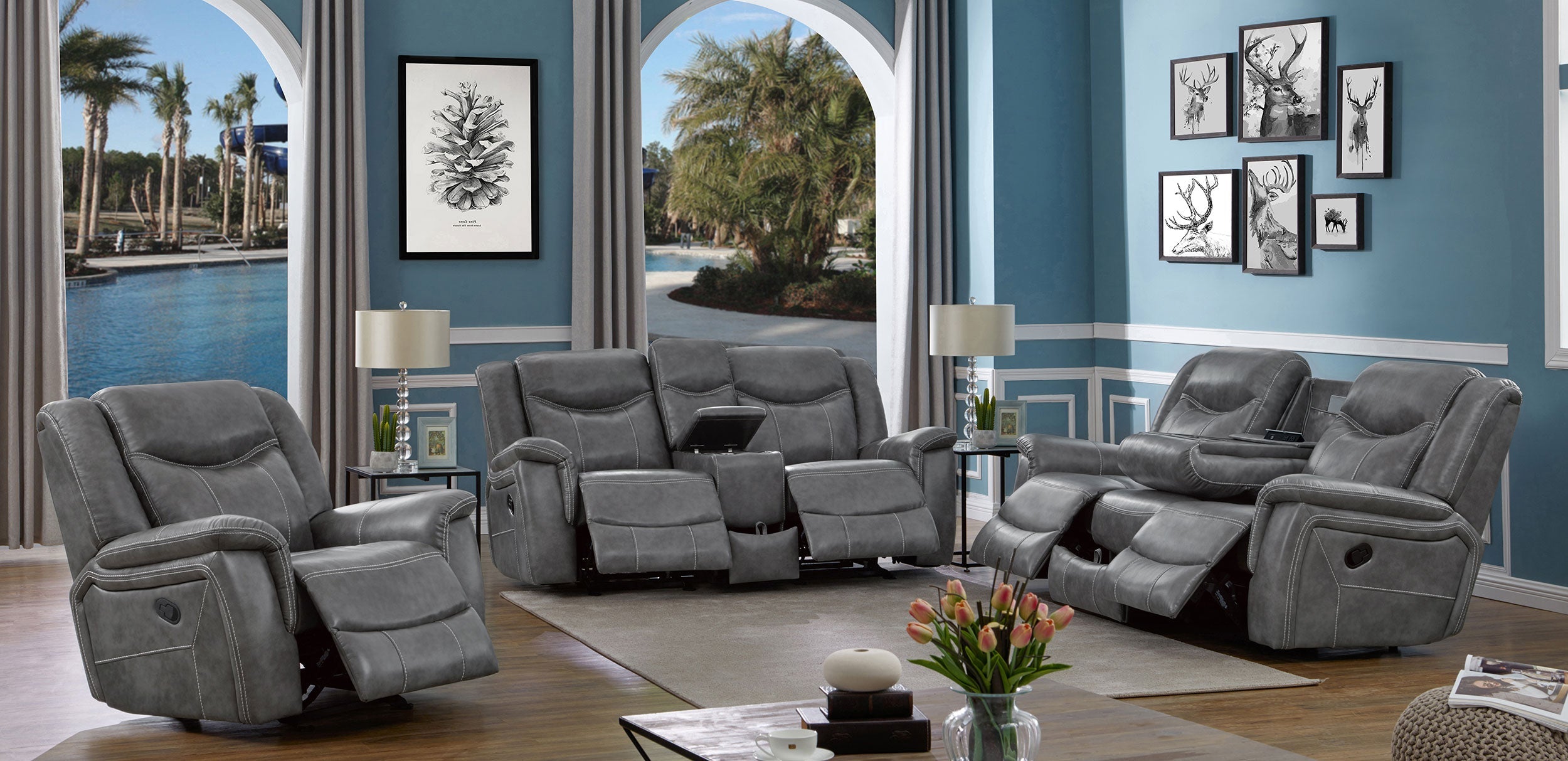 Conrad Upholstered Padded Arm Motion Sofa Set Grey