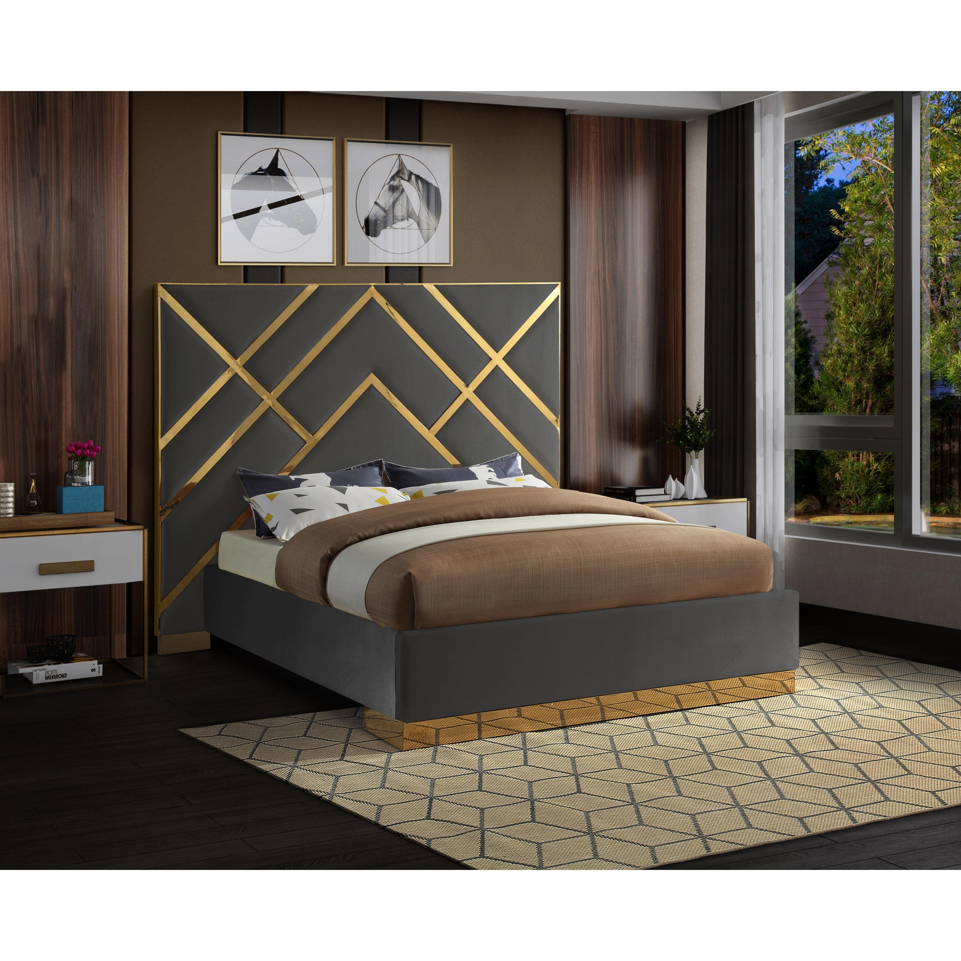 Meridian Vector Grey Velvet Queen Bed