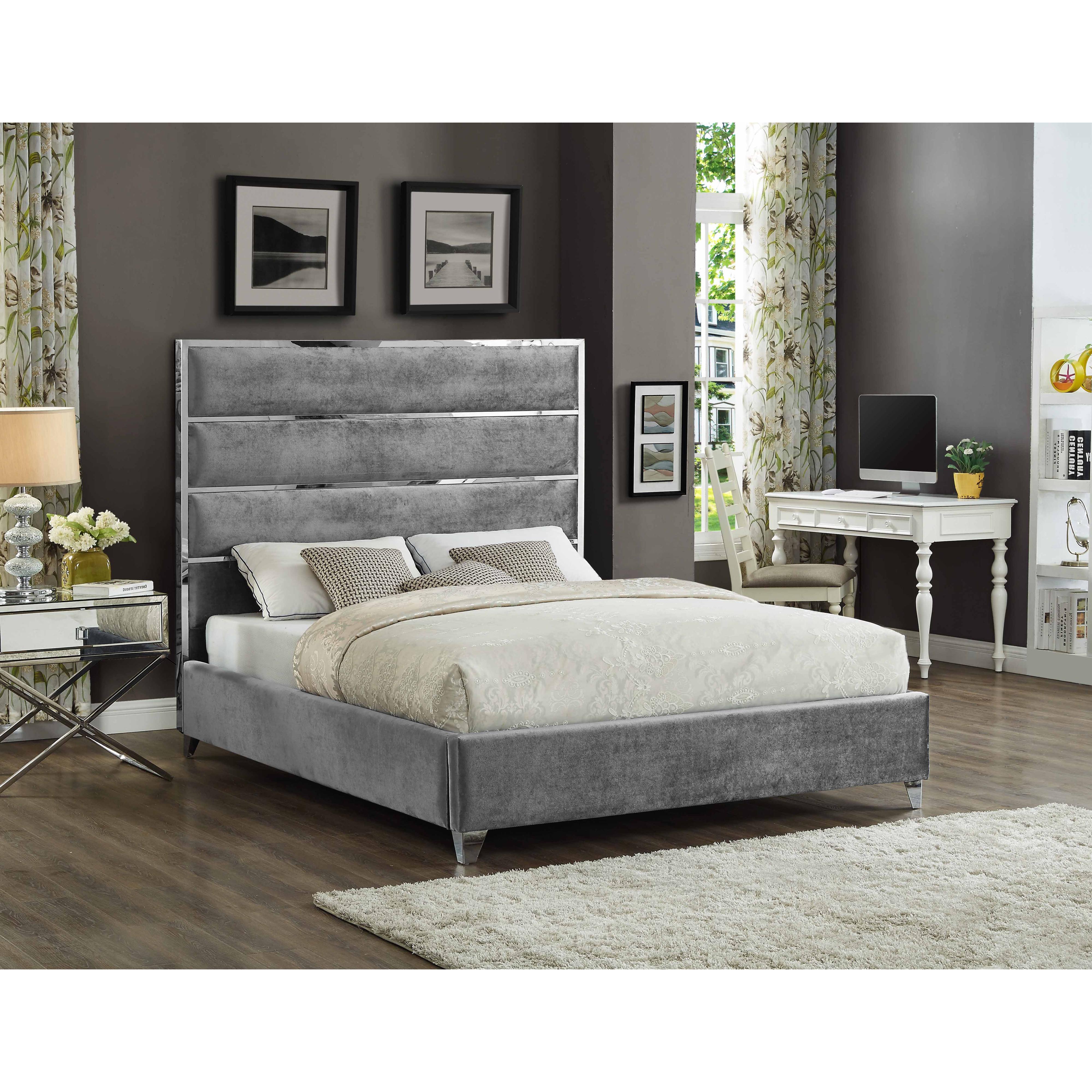 Meridian Zuma Grey Velvet Twin Bed