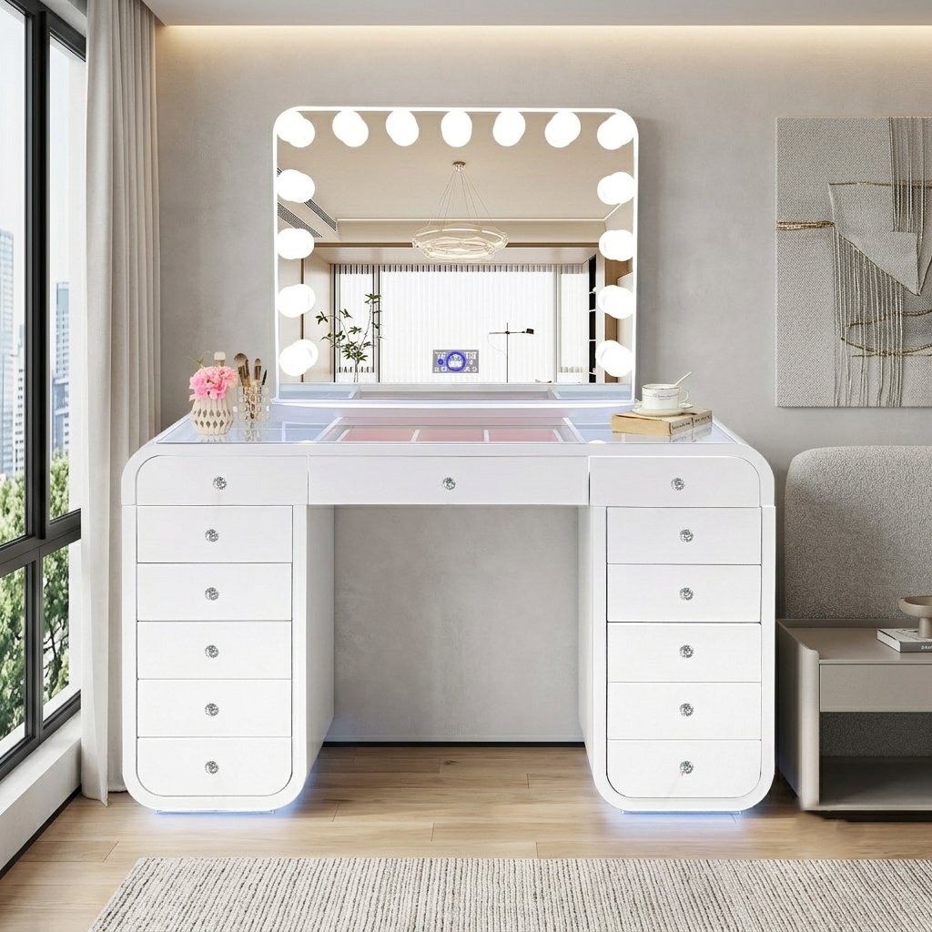 Emily Smart Vanity — 3-Color Lighted Mirror & Glass Top