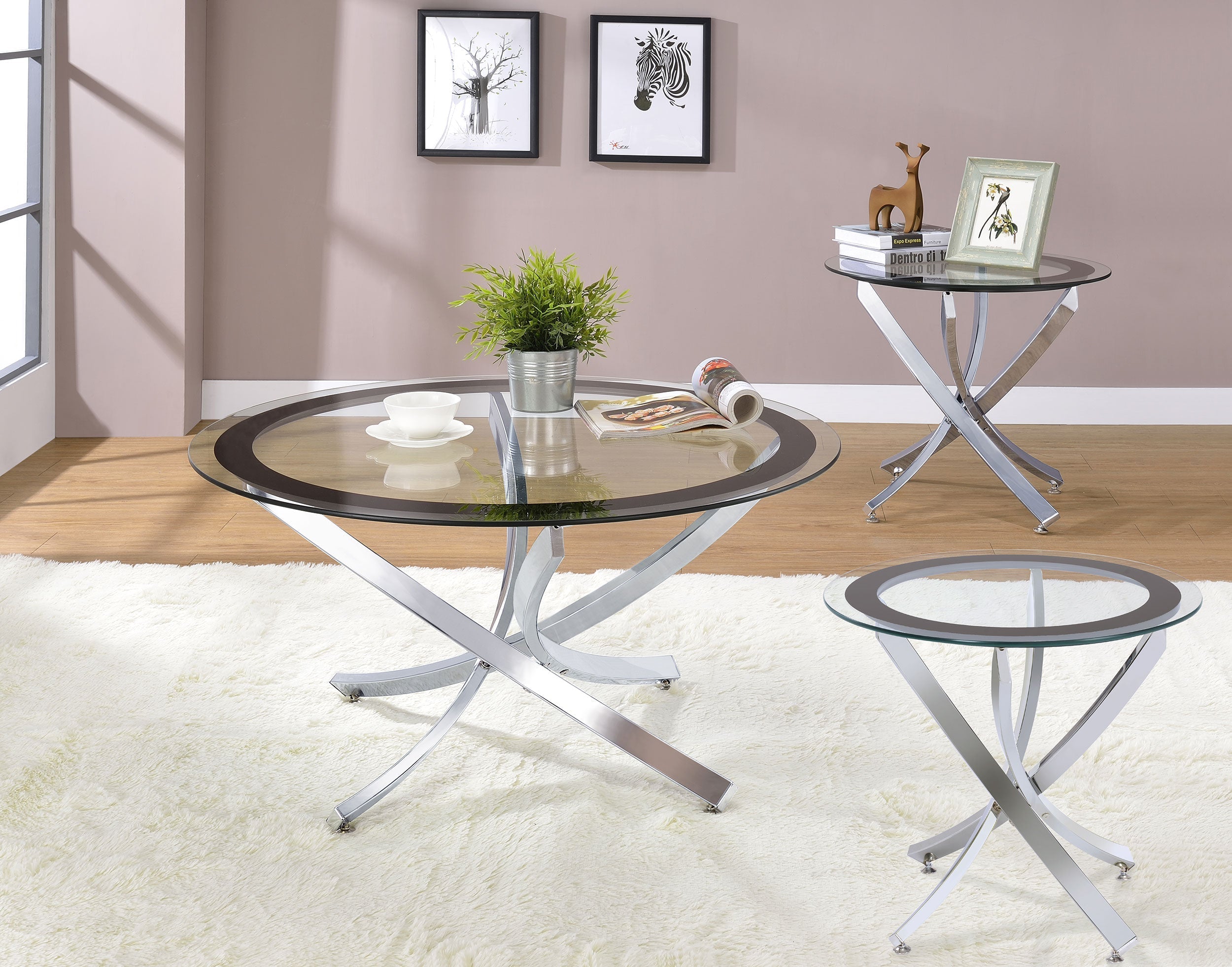 Brooke Round Glass Top Coffee Table Set Chrome